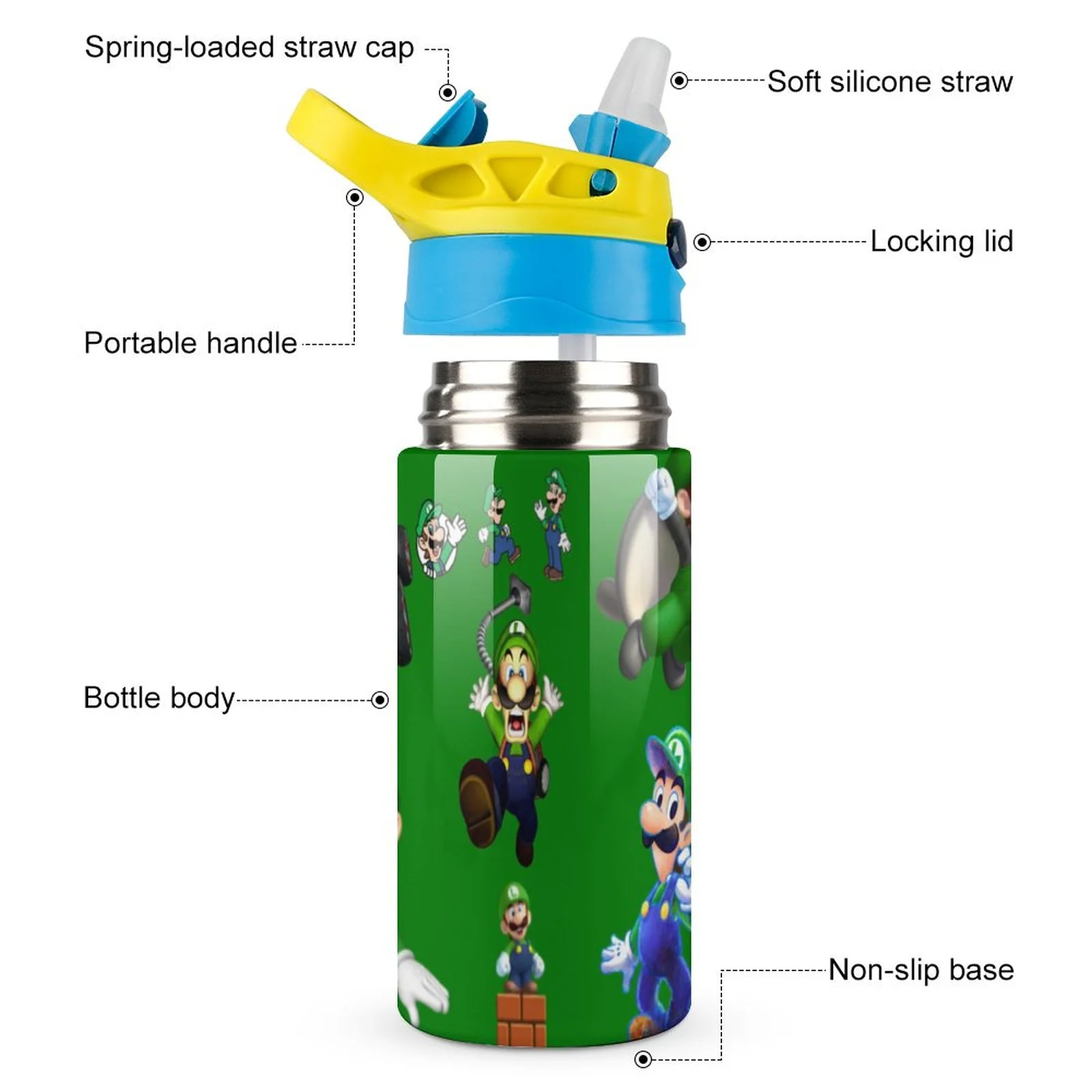 Luigi's Mansion Game Kid's Insulated Water Bottle With Straw Vacuum Stainless Steel Cup Leak-Proof Children Toddler Thermoses