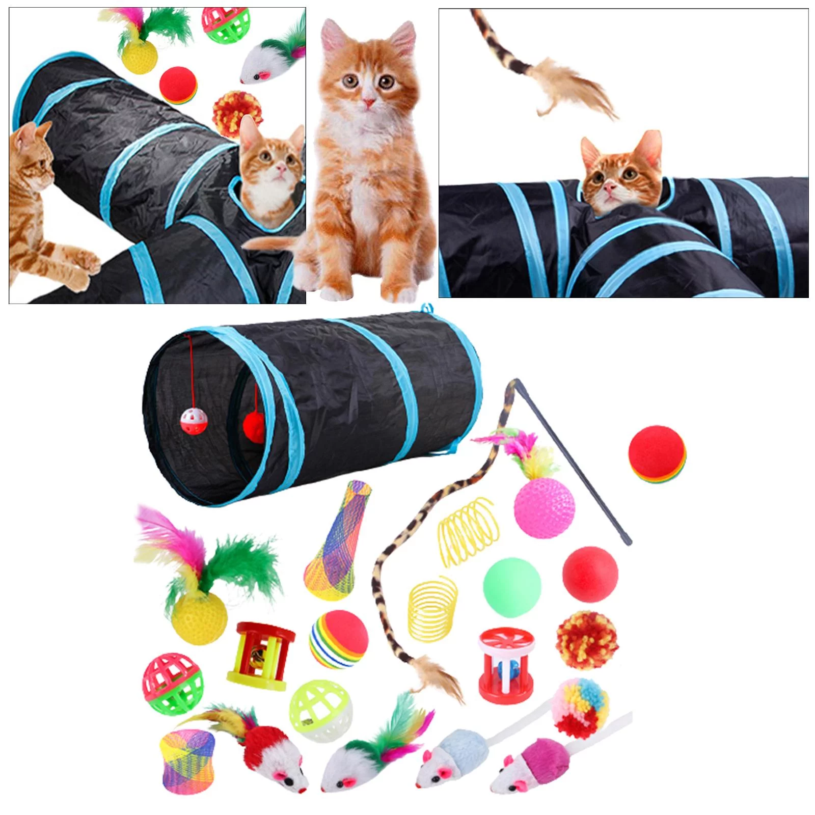 22 piece Interactive Cat Toy Sets,Collapsible Cat Tunnels for Indoor Cats, Feather Teaser Crinkle Balls Spring Toy Catnip Fish for Cats , B99501 C-22pcs