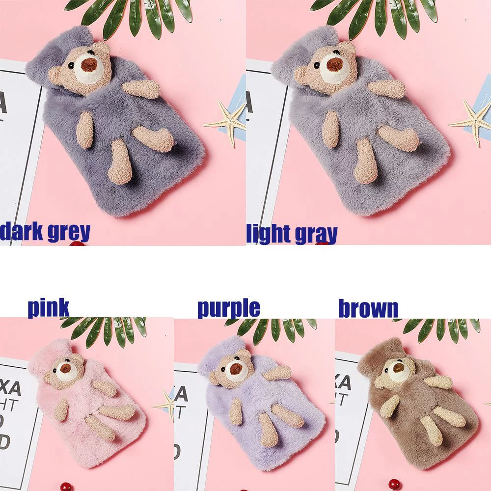 1000ml Plush Covering Recyclable Water Injection Winter Warmth Hot Water Bottle Plush Bear Warm Water Bag PVC Material DARK GREY