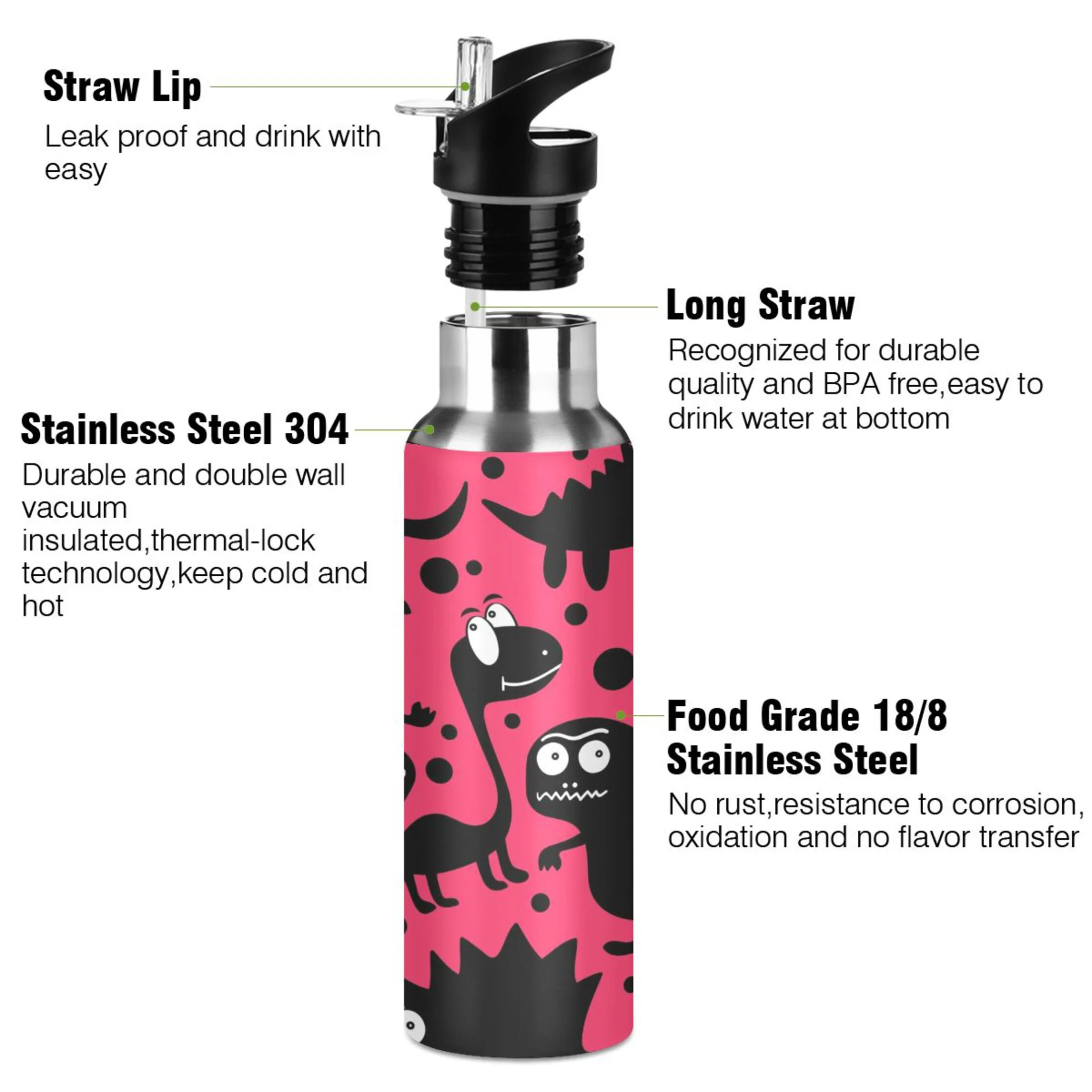 Stainless Steel Water Bottle Funny Dinosaur with Straw Lid Vacuum Insulated Keeps Hot and Cold Leak Proof Flask Jug for Gym Travel Sports Cycling Outdoor 20 OZ