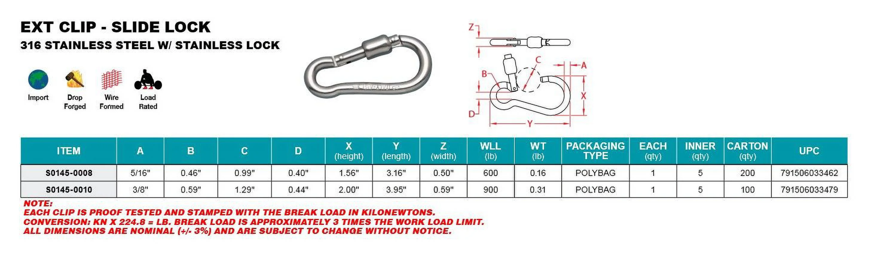STAINLESS EXT CARABINER CLIP - SLIDE LOCK, 3/8
