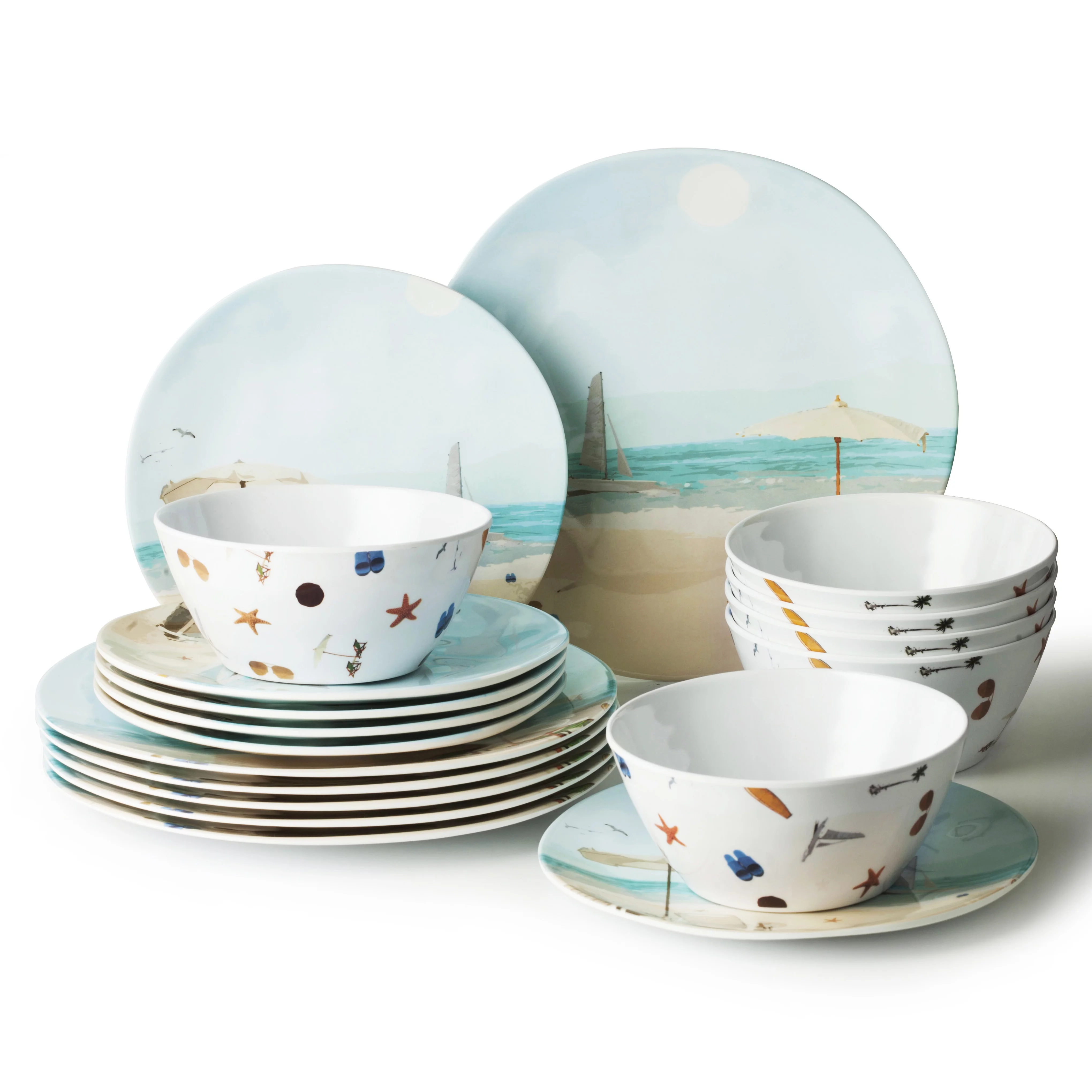 Joviton HOME 18PCS Holiday Beach Melamine Dinnerware Sets for 6,Outdoor Plates and Bowls Set