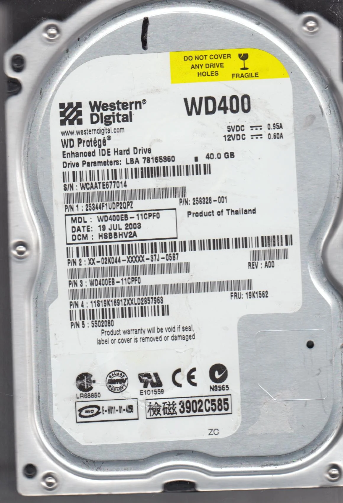 WD400EB-11CPF0, DCM HSBBHV2A, Western Digital 40GB IDE 3.5 Hard Drive