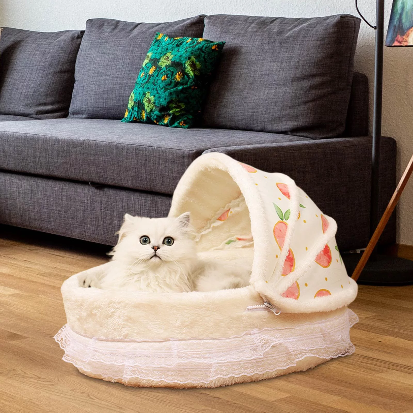 Cute Warm Pet House Dog Tent Soft Strawberry Decorative Slip Bottom Self Warming Hut Nest Cave Cat Bed for Sleeping Kitty Small Animals