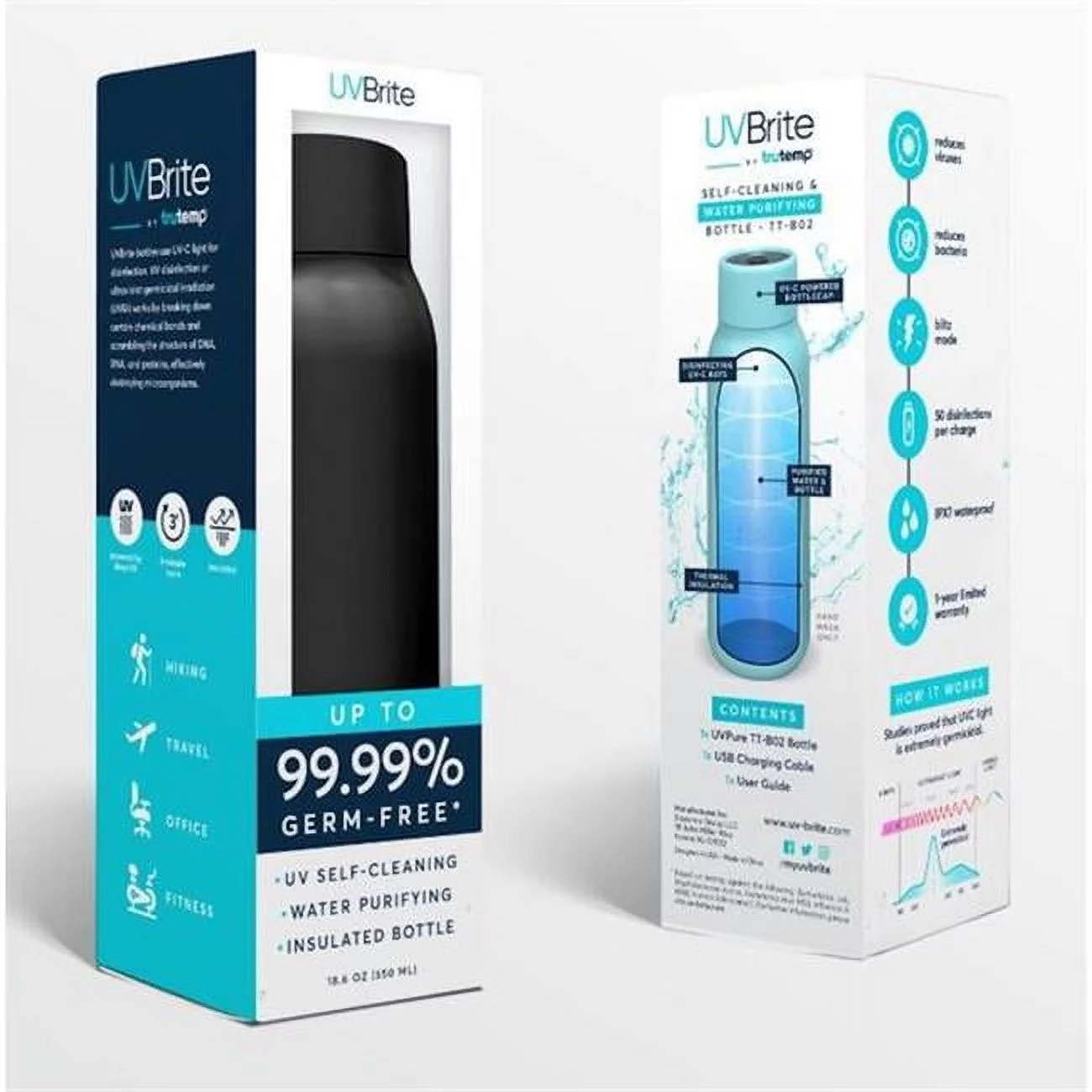 UVBrite 18.6 oz Self-Cleaning Water Bottle, Black