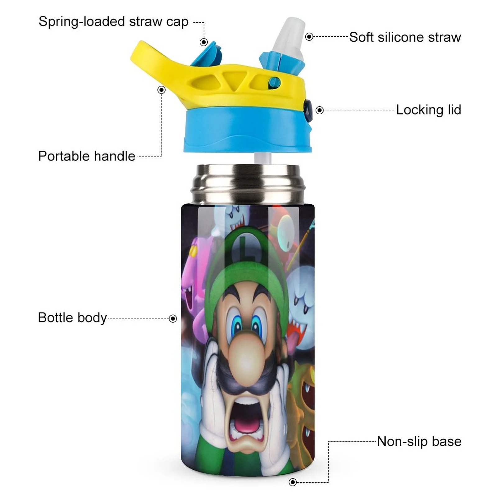 Creepy Luigi's Mansion Kid's Insulated Water Bottle With Straw Vacuum Stainless Steel Cup Leak-Proof Children Toddler Thermoses