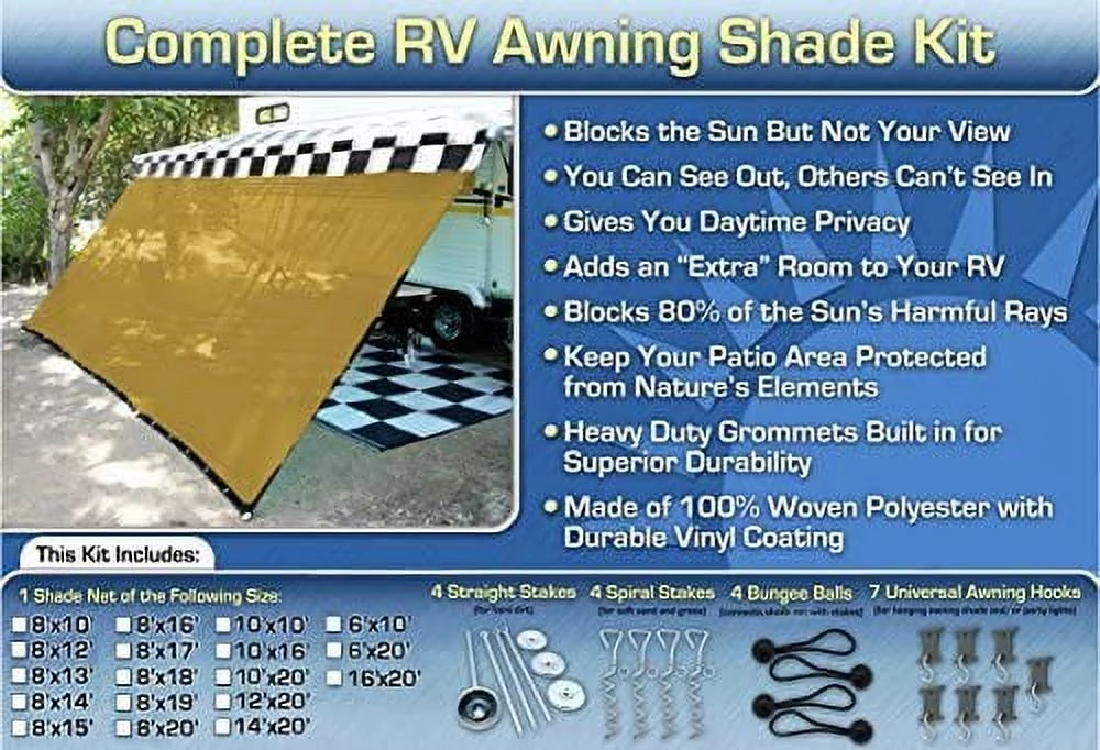 RV Awning Shade Net Complete Kit 8x10 (Beige)