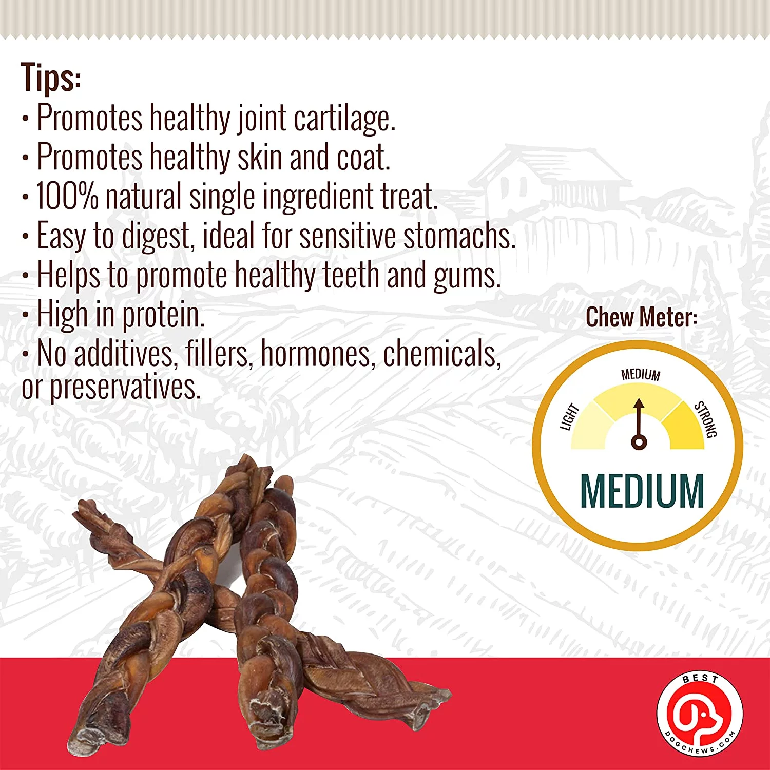 Best Dog Chews - Premium Braided Pig Pizzle Sticks - 6 inch (6 Count) - 20-65g - Natural Dog Chews - Protein-Rich & Digestible - Promotes Joint & Dental Health - All Breed Sizes - Tasty & Nutritious