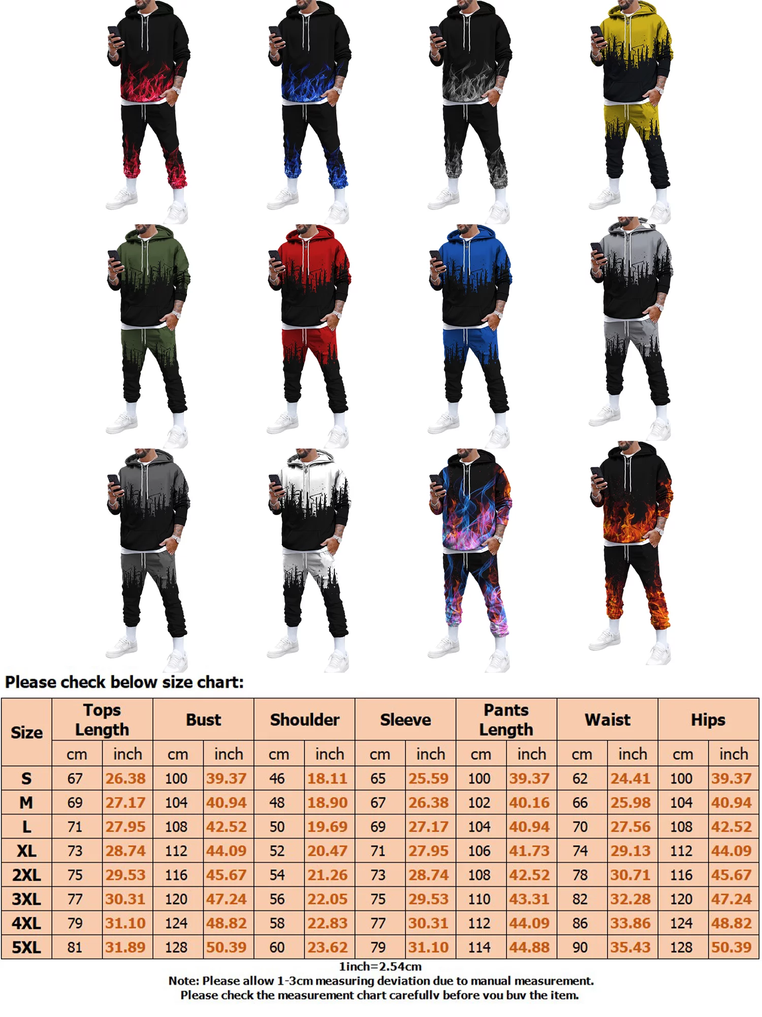 Avamo Mens Tracksuit 2 Piece Outfit Autumn Casual Splash Ink Print Hoodies Sweatshirt Active Sport Jogger Tracksuit