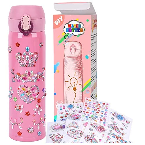 YOFUN Create Your Water Bottle with Tons of Rhinestone Gem Stickers - Craft Kit & DIY Art Set for Children, Gift for Girls - 17 OZ BPA Free Stainless Steel Vacuum Insulated Mug( Pink)
