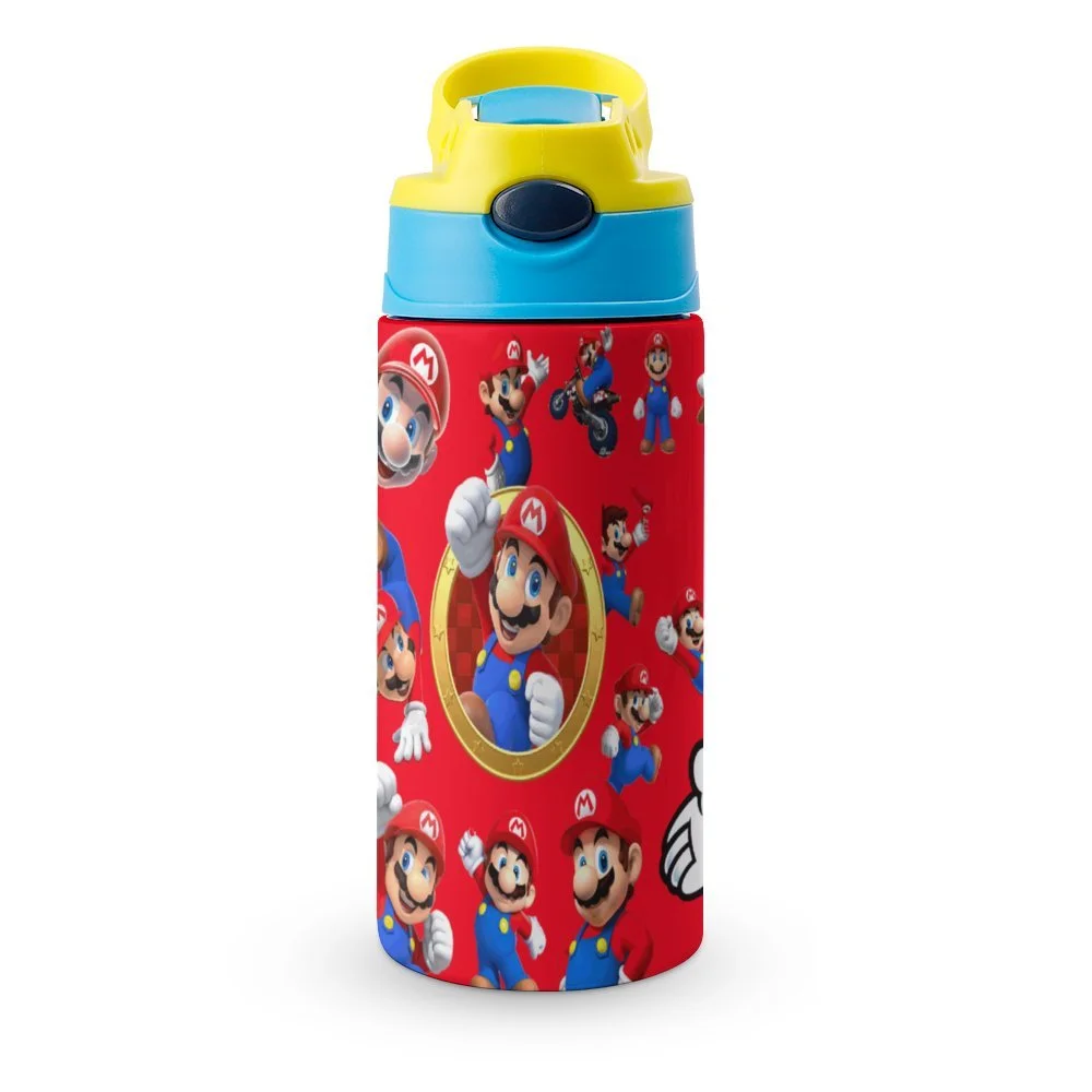 Mario Character Kid's Insulated Water Bottle With Straw Vacuum Stainless Steel Cup Leak-Proof Children Toddler Thermoses