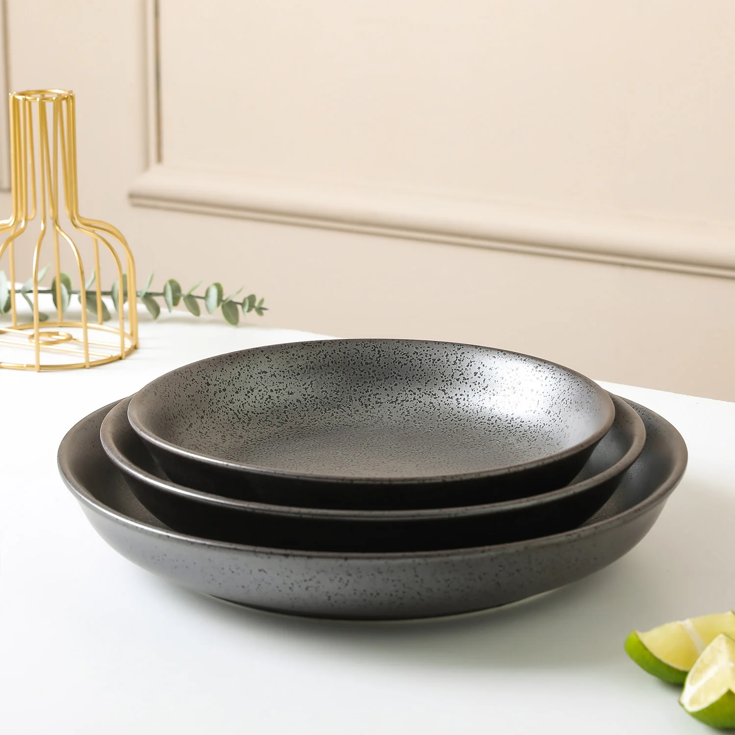 Stone Lain Valencia 3-Piece Service Bowl Set Porcelain, Metallic Grey