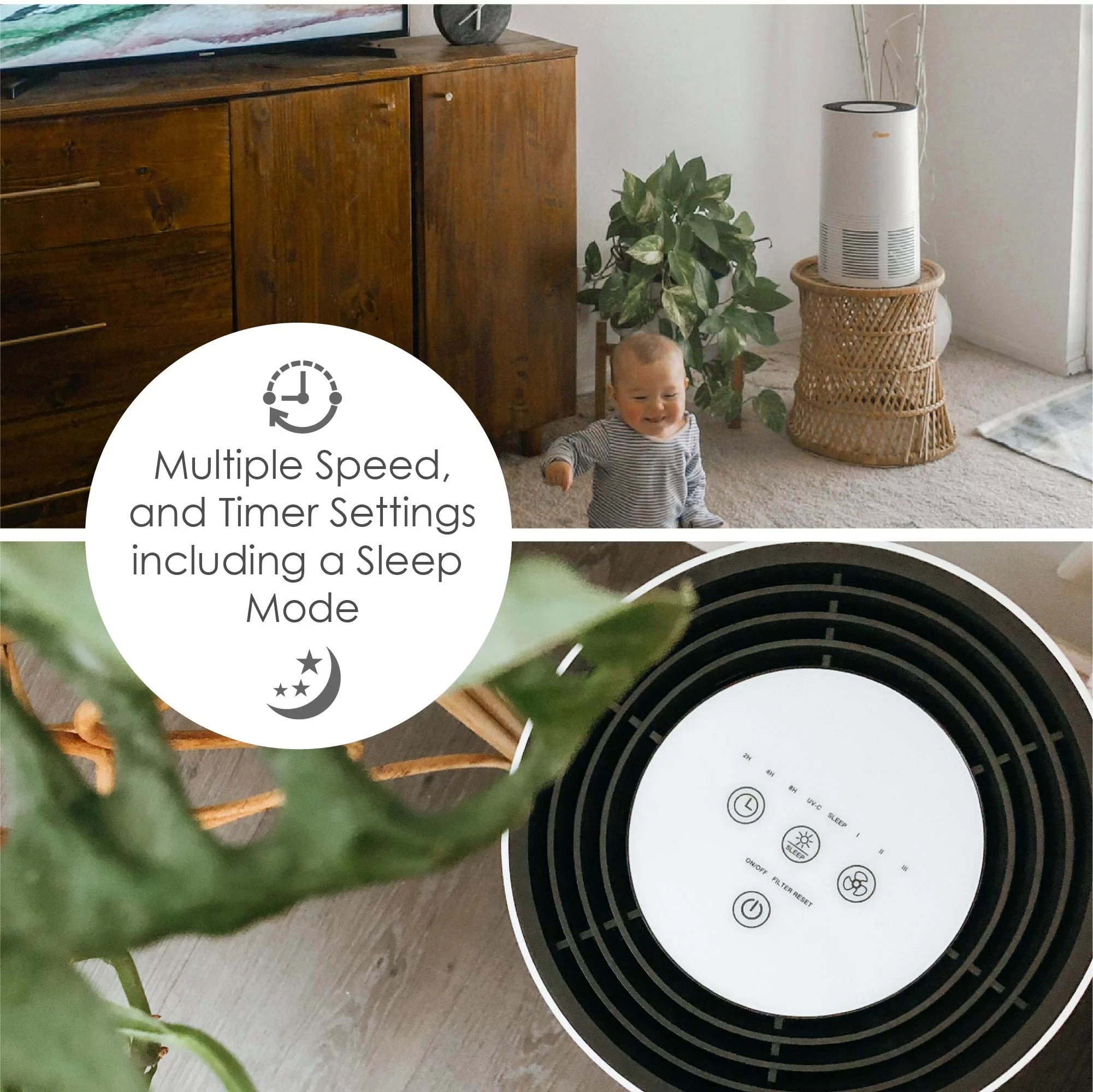 Crane - USA True HEPA Tower Air Purifier with UV Light, 300 Sq feet Coverage, White