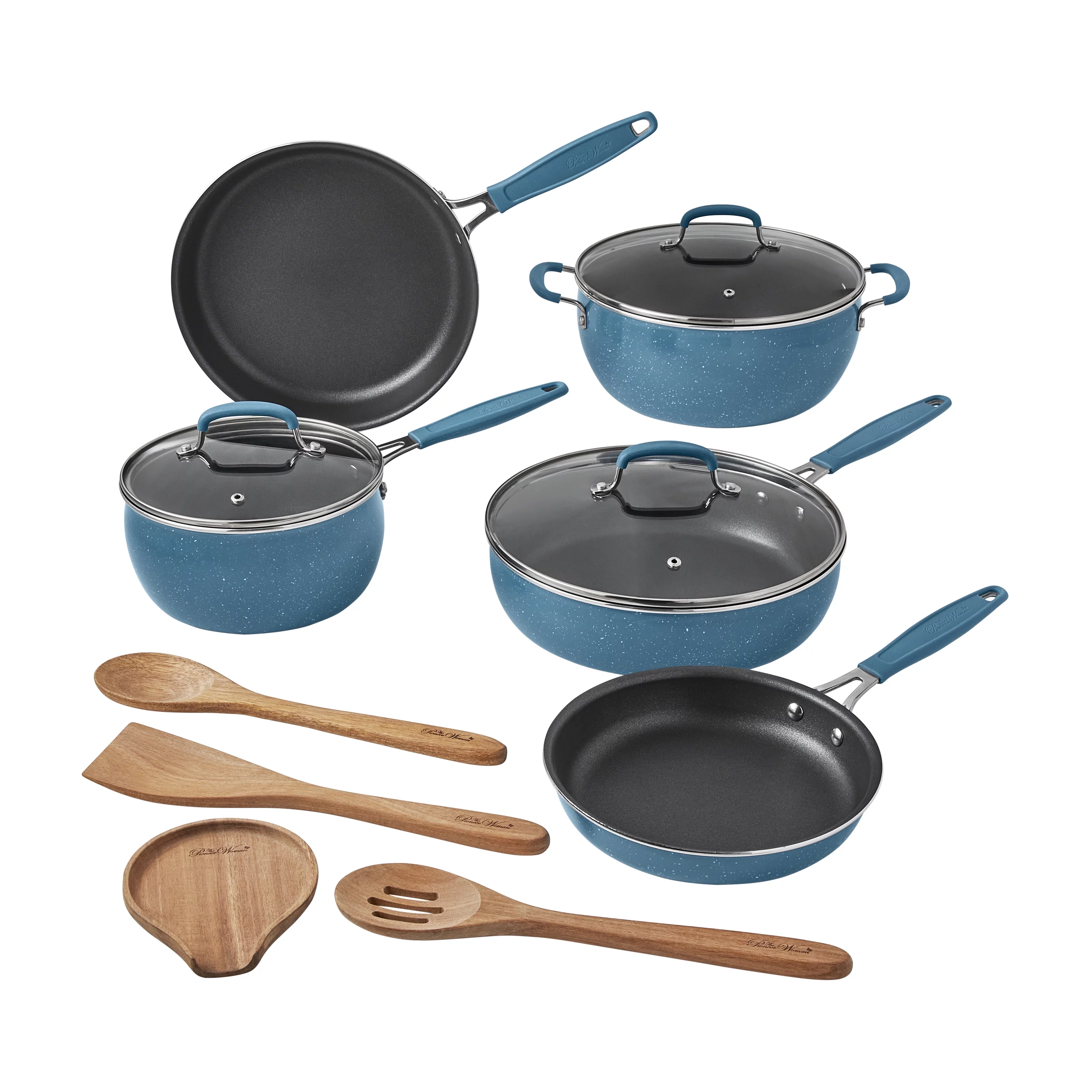 The Pioneer Woman Frontier Speckle 12-Piece Aluminum Cookware Set, Blue Denim