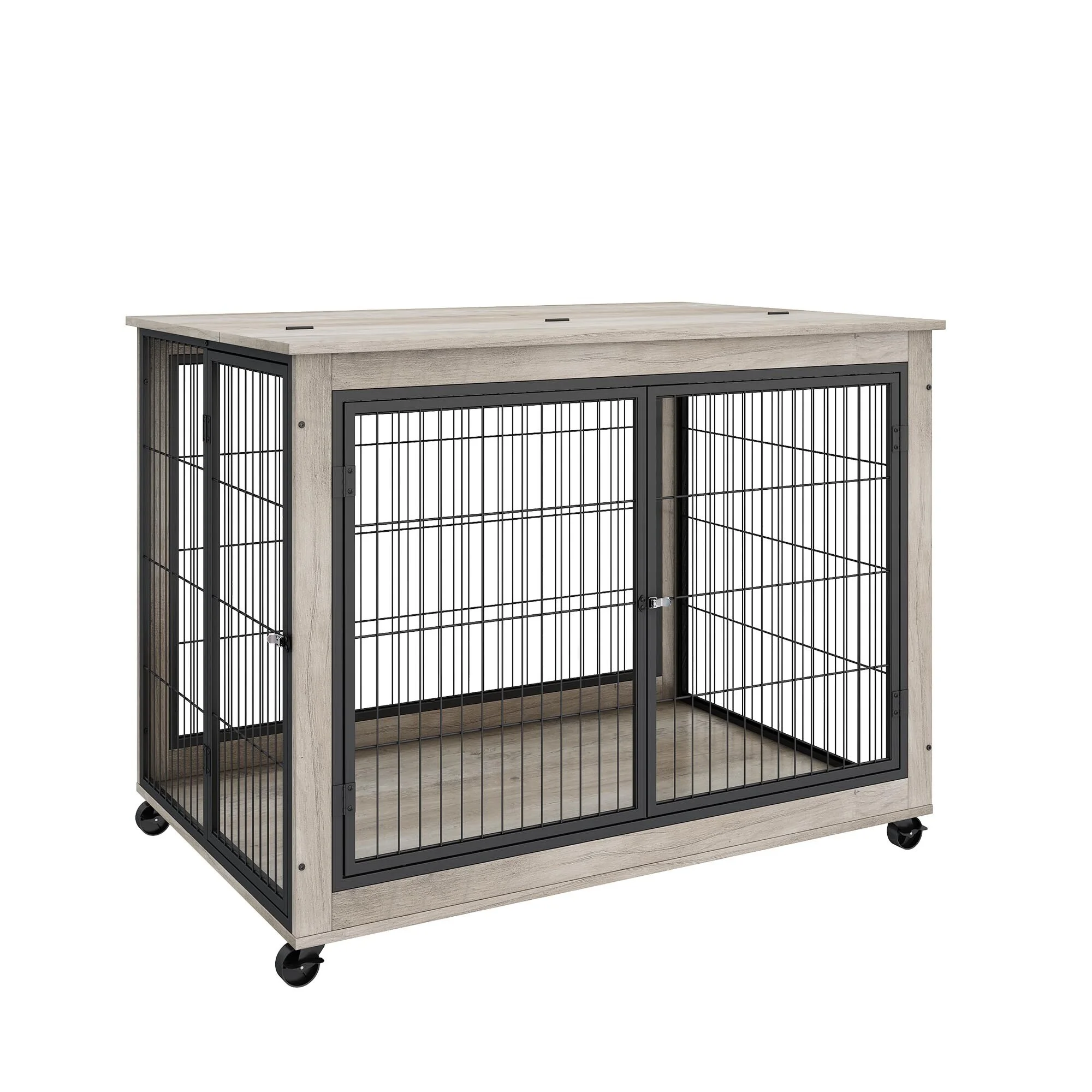 Furniture Style Dog Crate/End Table on Wheels with Double Doors and Lift Top Grey
