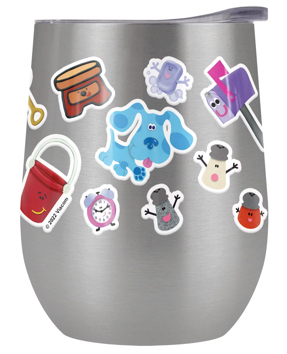Blues Clues Official Blue And Friends Sticker Collage 12 oz Stemless Tumbler, Stainless Steel Travel Cup|Lake Tumbler|Insulated with Leak Resistant Slide-Lock Lid