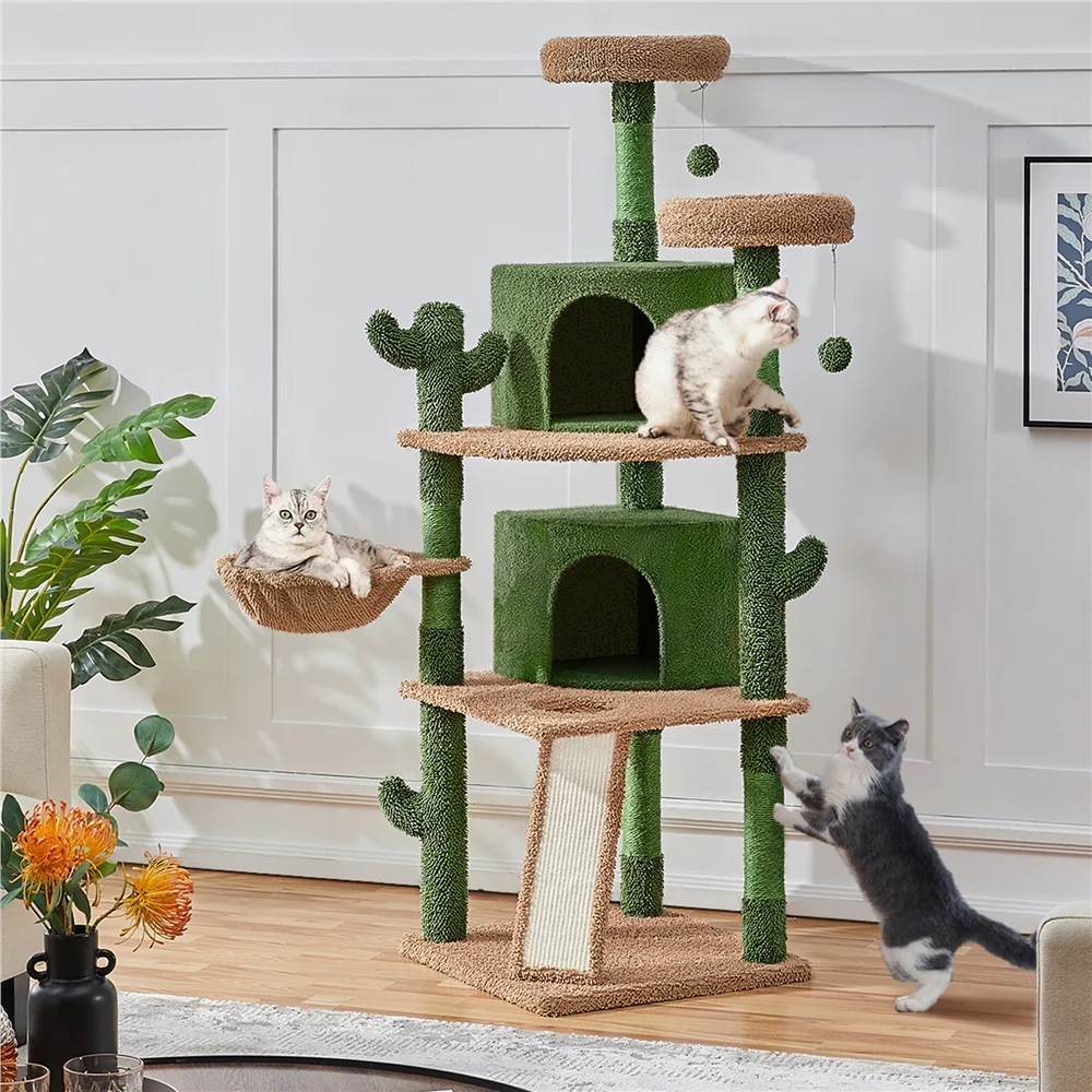 Yaheetech 66''H Cactus Cat Tree Cat Tower with Padded Perch,Green/Brown