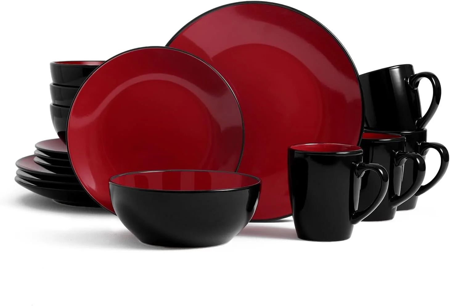 16 Piece Square Kitchen Dinnerware Set,Plates and Bowls sets,Dishes, Dinner Plates, Cereal Bowls Set，Bowls, Mugs, Dish Set，Plates and Bowls,Service for 4, Stoneware Dinnerware,Red and Black