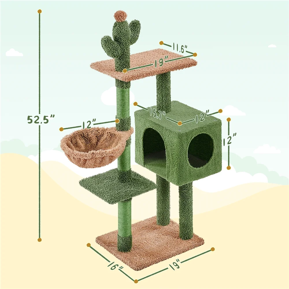 Yaheetech 52.5''H Cactus Cat Tree Condo,Green/Brown