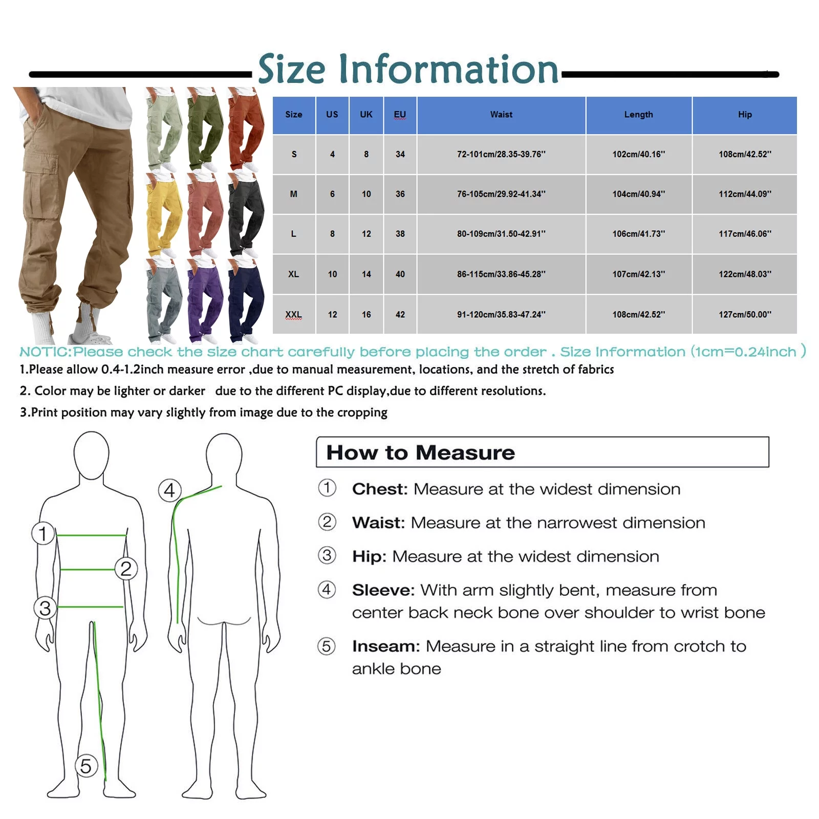 Mens Military Drawstring Pockets Cargo Trousers Elastic Waisted Relaxed Fit Pant