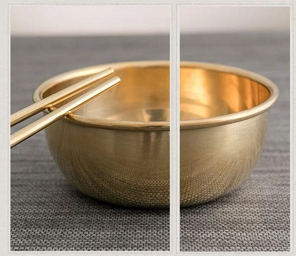 99.9% Pure Brass Bowl Chopsticks Spoon Set, Brass Bowl Diameter-4.9 inches Heigth 2 inches, Chopsticks9.6 inches, Spoon 5.9 inches