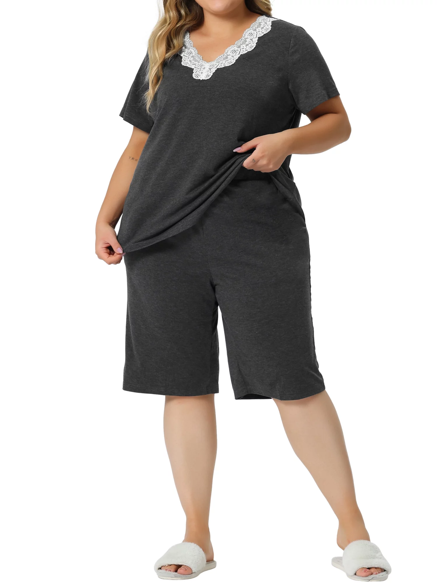 Agnes Orinda Pajamas Set for Women's Plus Size Short Sleeve V Neck Elastic Waist Sleepwear 2 Piece Nightgown