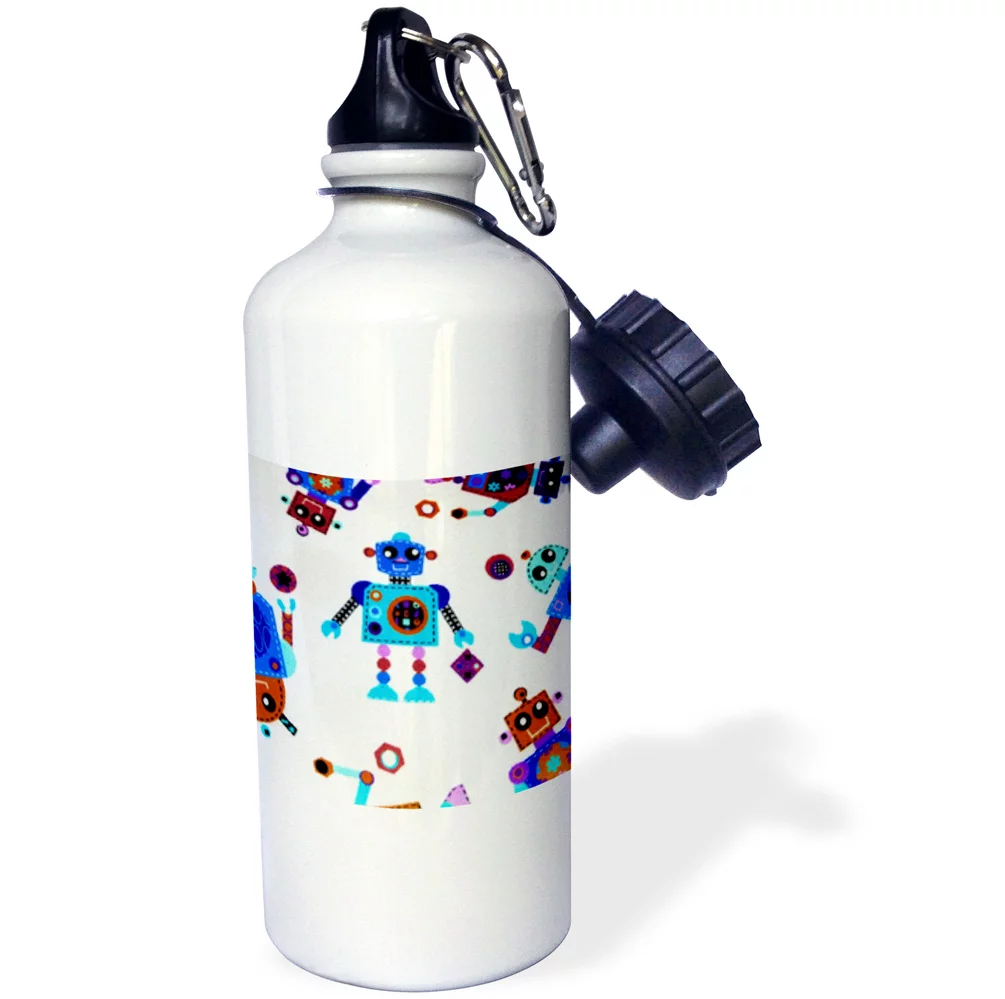 Blue Red Turquoise Robots On White 21 oz Sports Water Bottle wb-39090-1