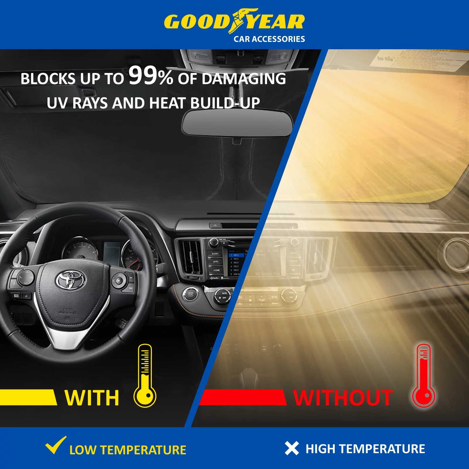 Goodyear Foldable Windshield Sun Shade for Toyota Rav4 2013-2018, Custom-Fit Car Windshield Cover,Car Sunshade,UV Protection,Vehicle Sun Protector,Auto Car Window Shades for Front Window - GY008239