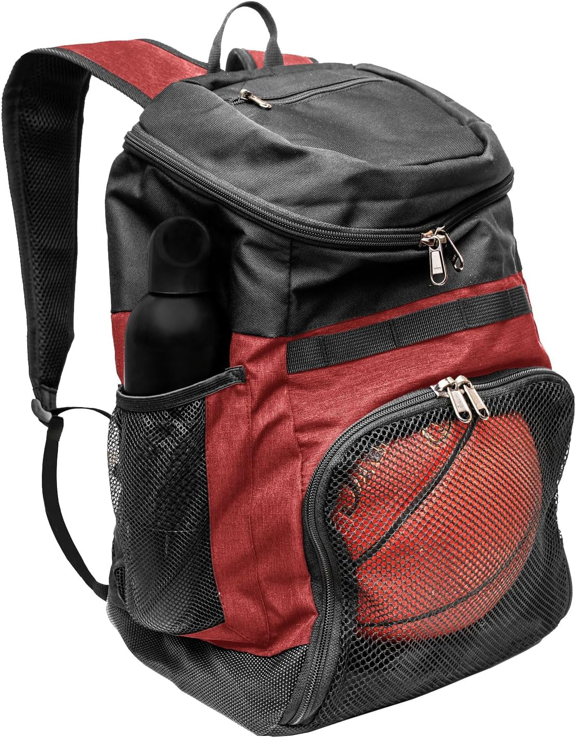 Xelfly Basketball Backpack with Ball Compartment – Sports Equipment Bag for Soccer Ball, Volleyball, Gym, Outdoor, Travel, School, Team – 2 Bottle Pockets, Includes Laundry or Shoe Bag – 25L (Red)