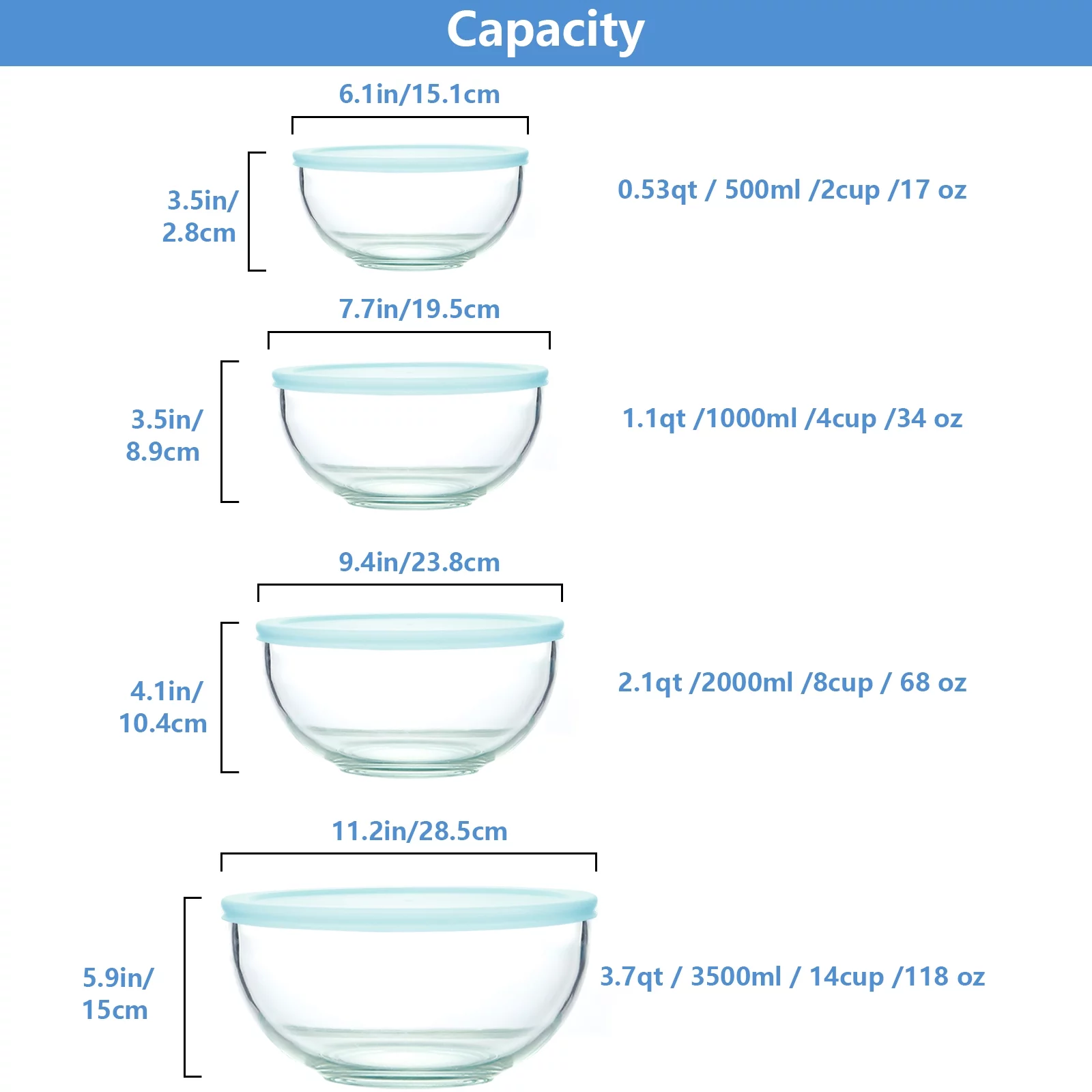 WhiteRhino Glass Mixing Bowls Set of 8pcs Storage Container,Large Mixing Bowl for Kitchen