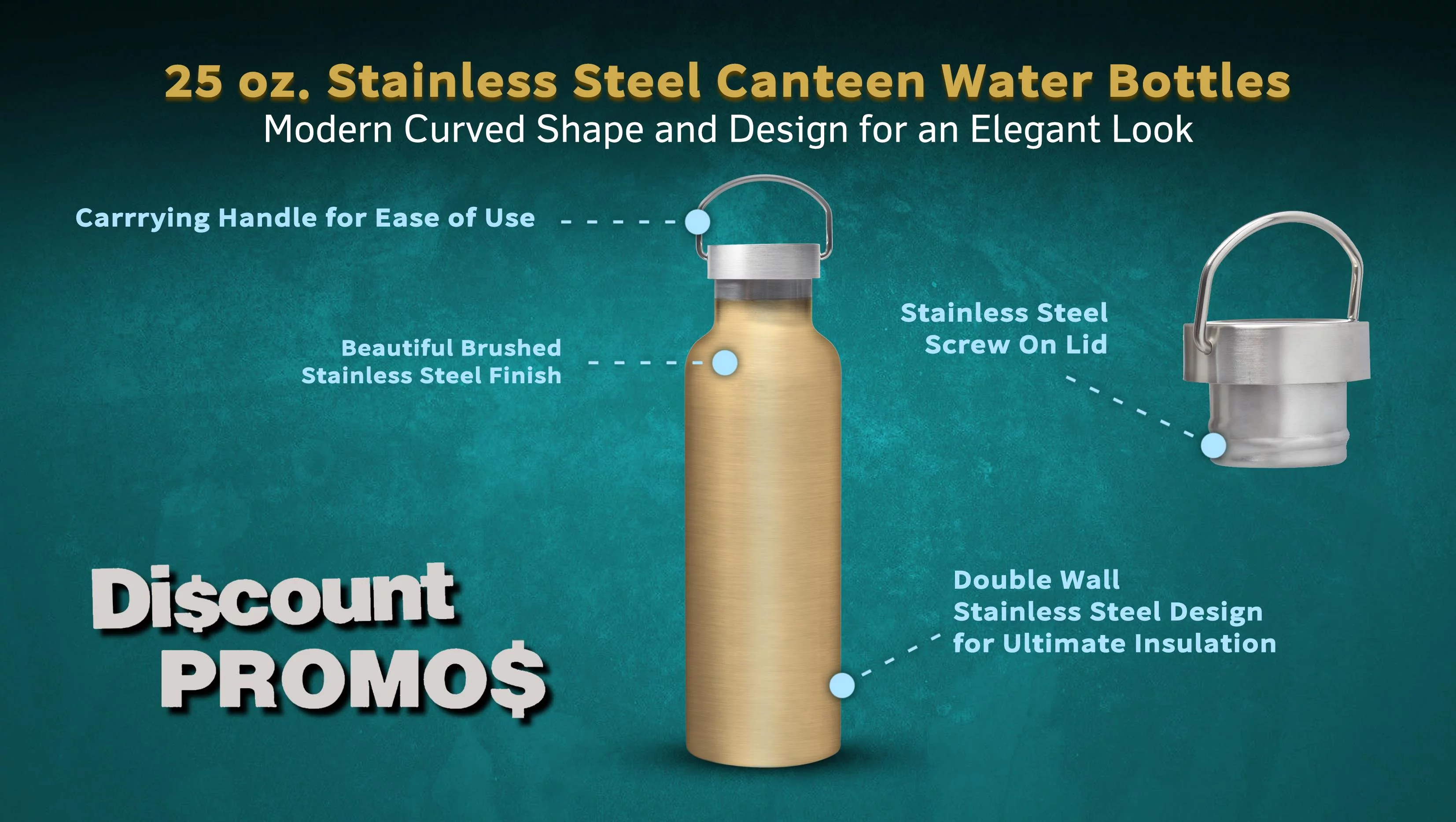 6 Stainless Steel Canteen Water Bottles Set, 25 oz. - Double Wall, Wire Handle - Gold
