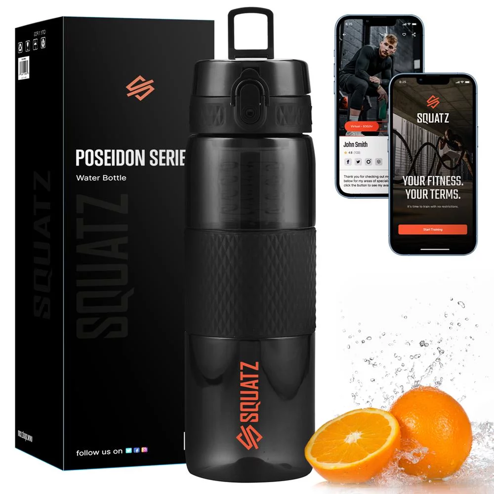 Squatz 24 Oz Poseidon Series Water Bottle for Protein and Fruit Shakes W/ Fruit Infuser Strainer