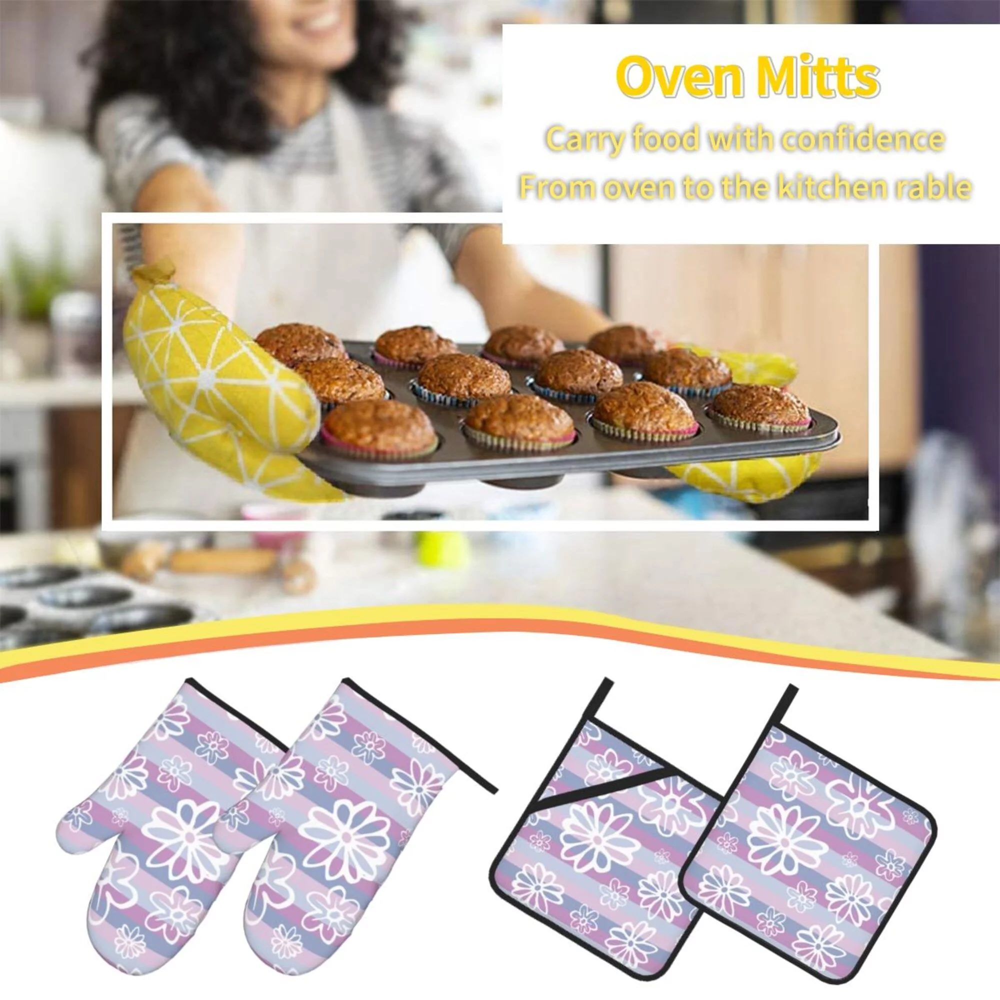 Purple Striped Flowers Oven Mitts and Pot Holders Sets Baking Sets for Kitchen BBQ Gloves Heat Resistant Cooking Line Art 4 Pieces