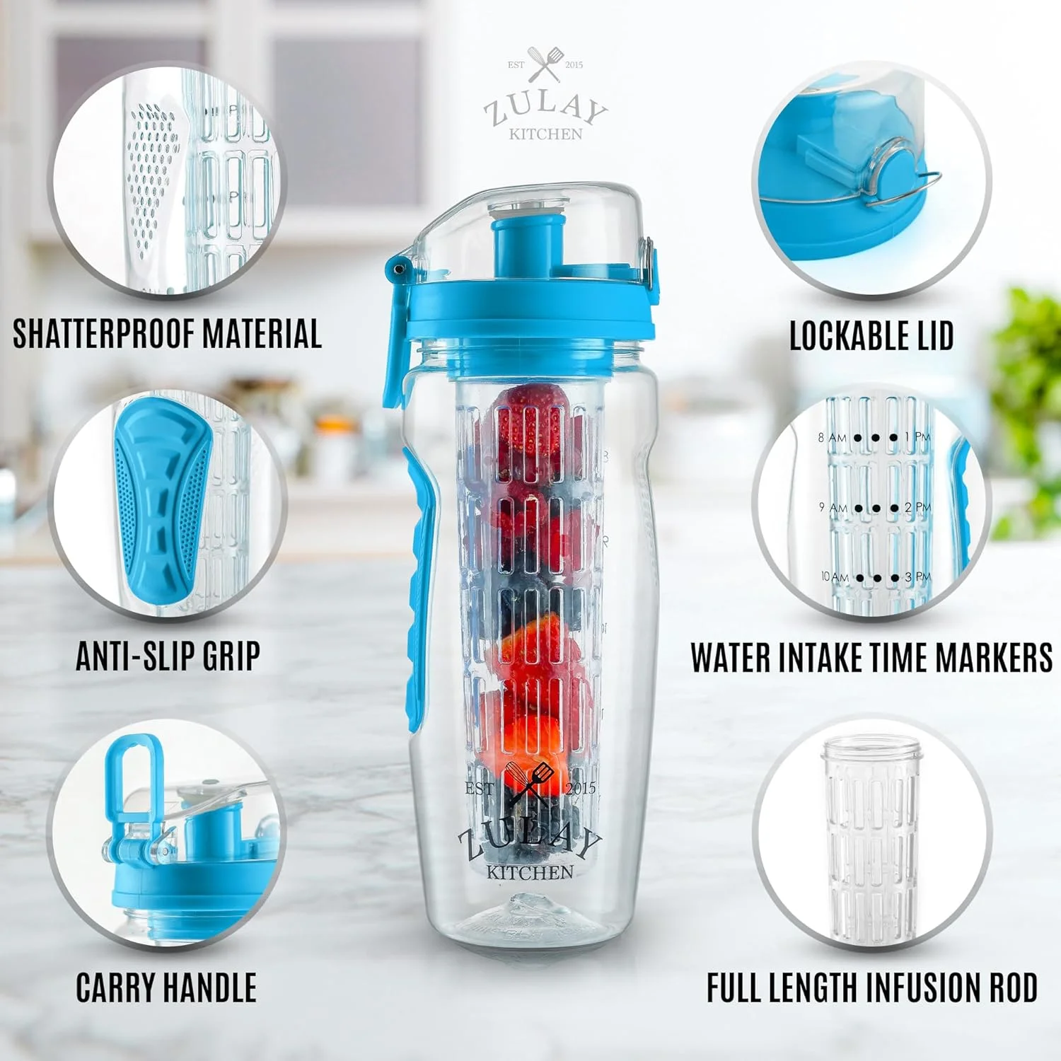 Zulay Kitchen Portable Water Bottle with Fruit Infuser 34 oz - Lake Blue