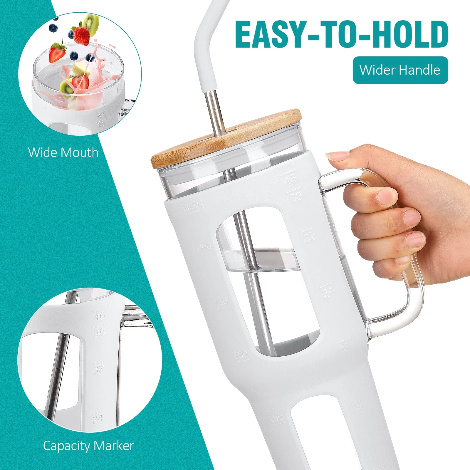 MUKOKO 46oz Glass Tumbler, Glass Water Bottles with Handle, Iced Coffee Cup Fits in Most Car Cup Holders, White