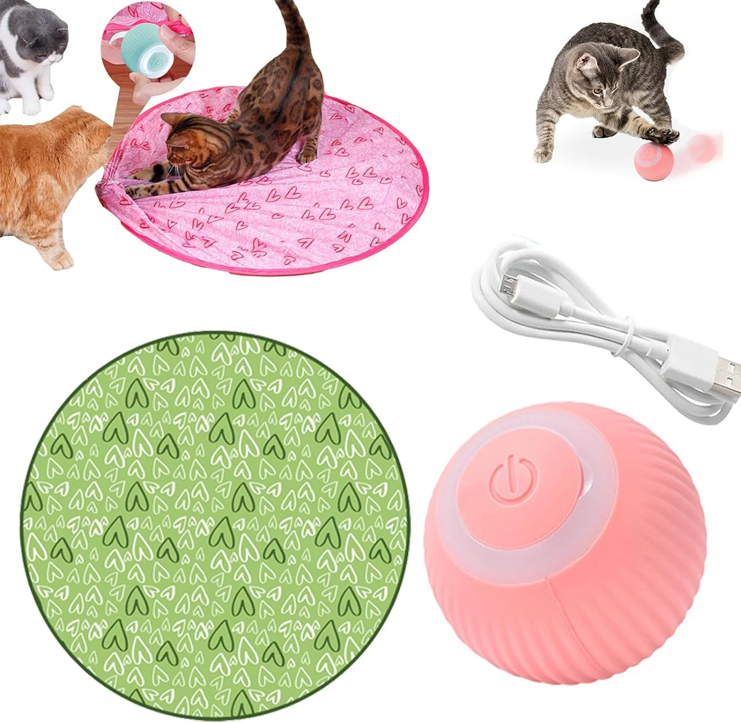 Gertar Cat Toy, 2 in 1 Simulated Interactive Hunting Cat Toy, Gertar Interactive Hunting Cat Toy,Automatic Rolling Smart Ball Toy, Rechargeable (Ball+Pouch,Pink)