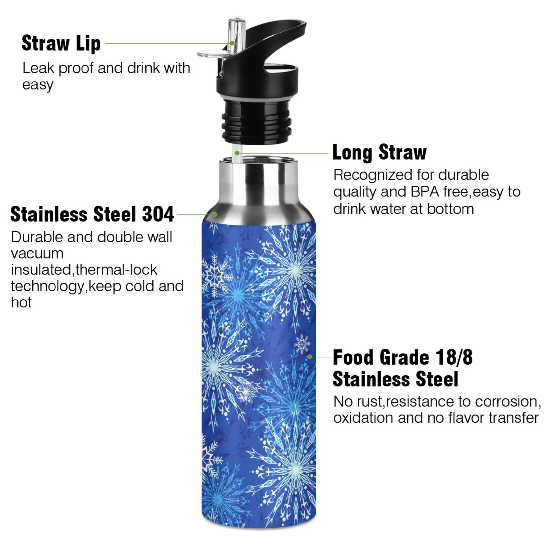 Water Bottle with Straw Lid Leak Beautiful Snowflakes on Blue Stainless Steel Insulated Thermos Vacuum Flask for Cold Hot Drinking for Sports Camping Gym Yoga