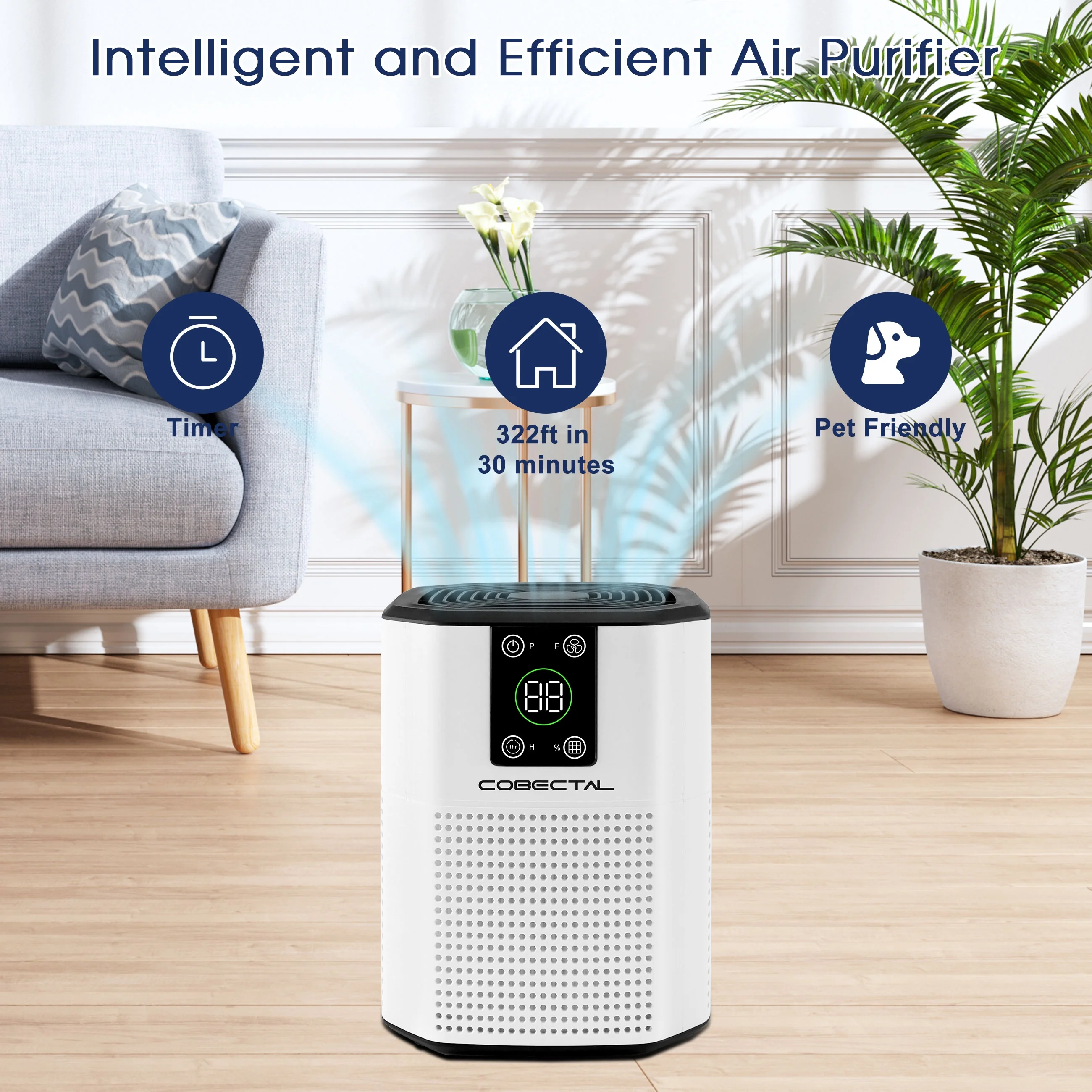 Cobectal HEPA Air Purifier for Home Large Room up to 600 Sq.ft, H13 True HEPA Filter Air Cleaner for Pet Hair