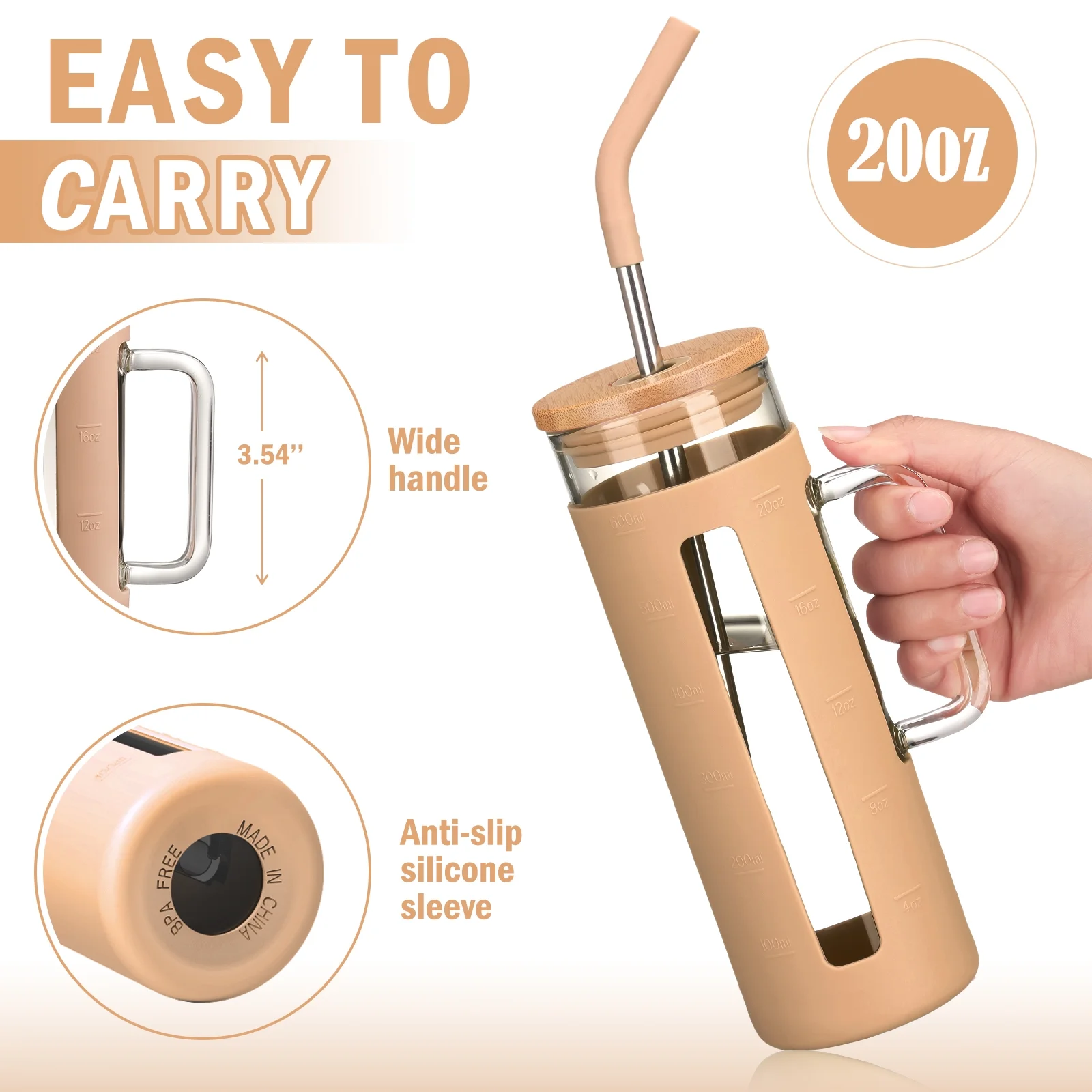 MUKOKO 20oz Glass Water Tumble with Straw and Bamboo Lid, Reusable Water Bottle with Water Marker, Iced Coffee Cup with Straw Silicone Protective Sleeve-Amber
