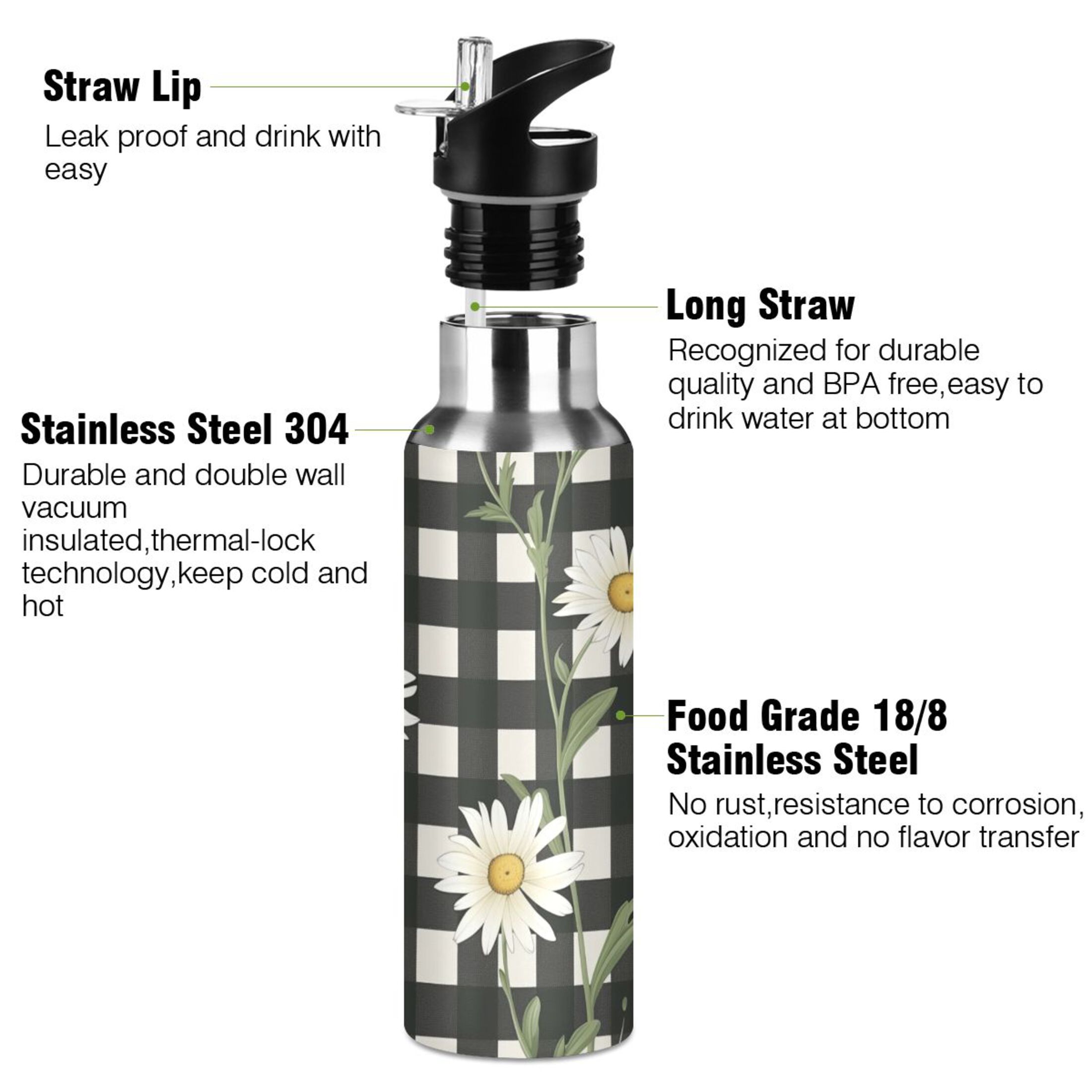 Daisy Flower and Lattice Water Bottles Insulated Thermos Kids Stainless Steel Bottle with Straw Lid Flask Leakproof for Sports Gym 20 oz