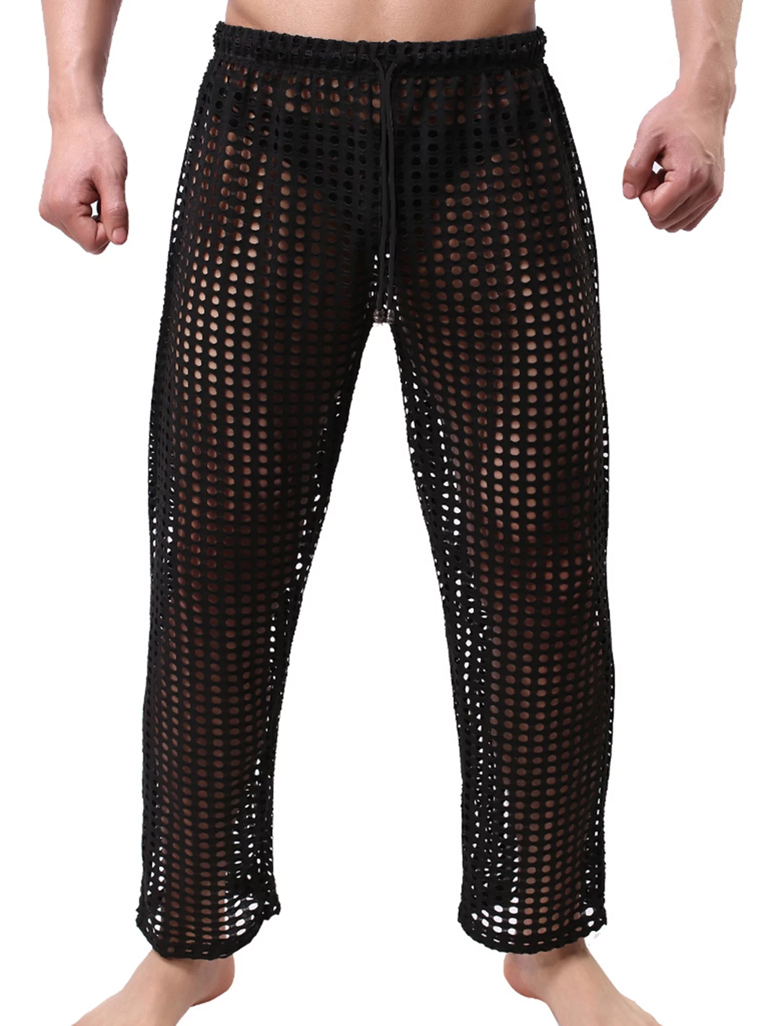 AMILIEe Men's Solid Color Muscle Trousers with See Through Fishnet Mesh