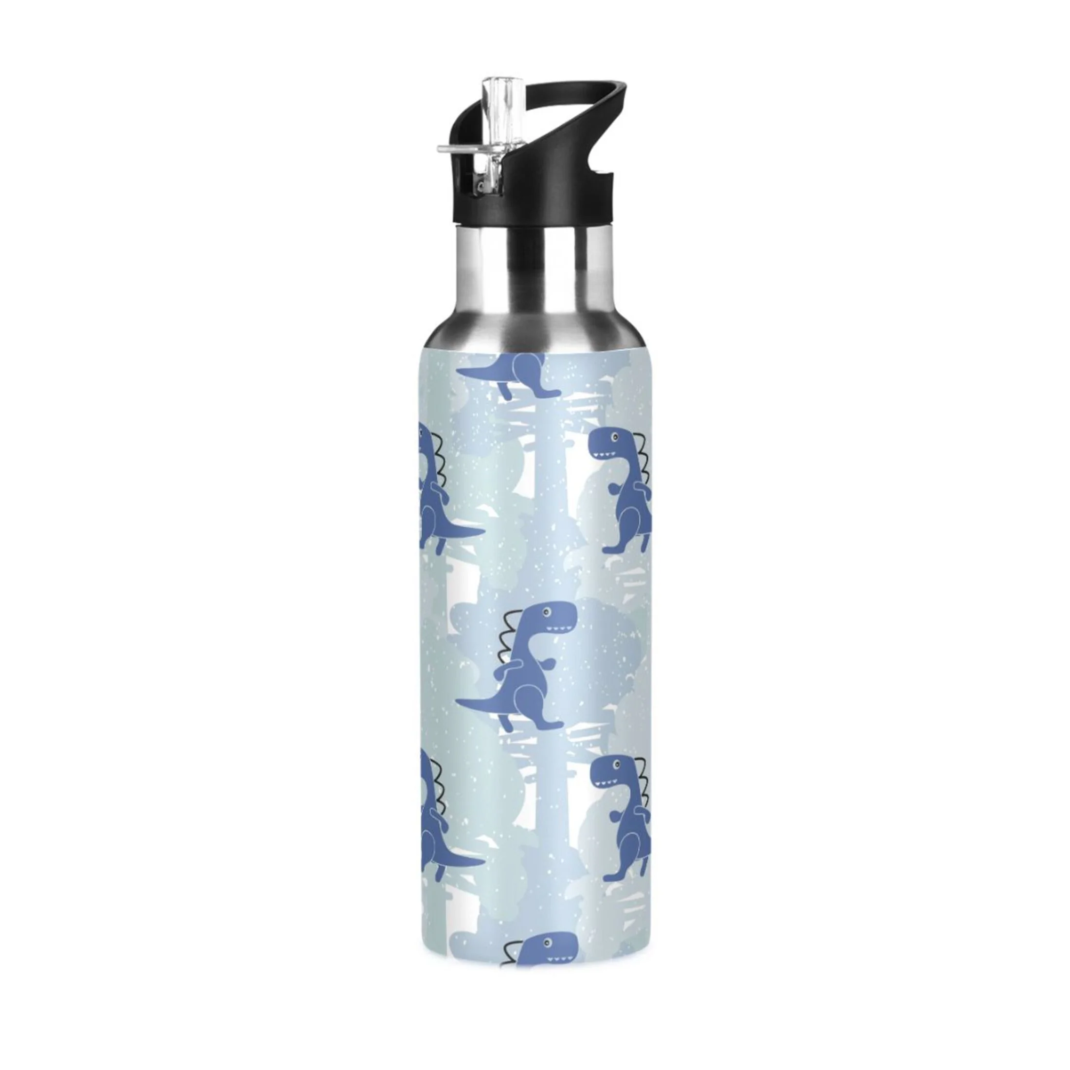 Stainless Steel Water Bottle Cute Blue Dinosaur with Straw Lid Vacuum Insulated Keeps Hot and Cold Leak Proof Flask Jug for Gym Travel Sports Cycling Outdoor 20 OZ