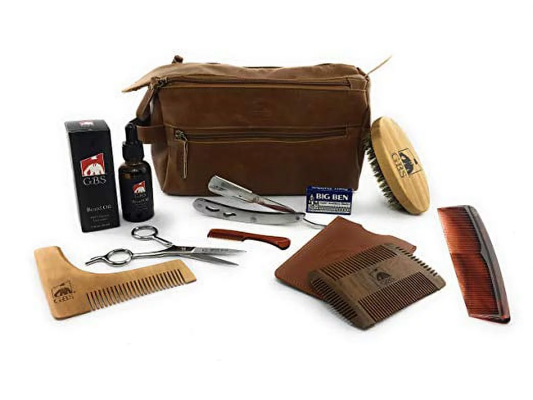 GBS Men's Deluxe Beard Grooming Gift Set - Travel Bag, Barber Shavette Razor, Shaping Tool, Dual Action Beard Comb, Unscented Beard Oil, Beard Brush, Trimming Scissors, Ear Nose Scissor + Accessories