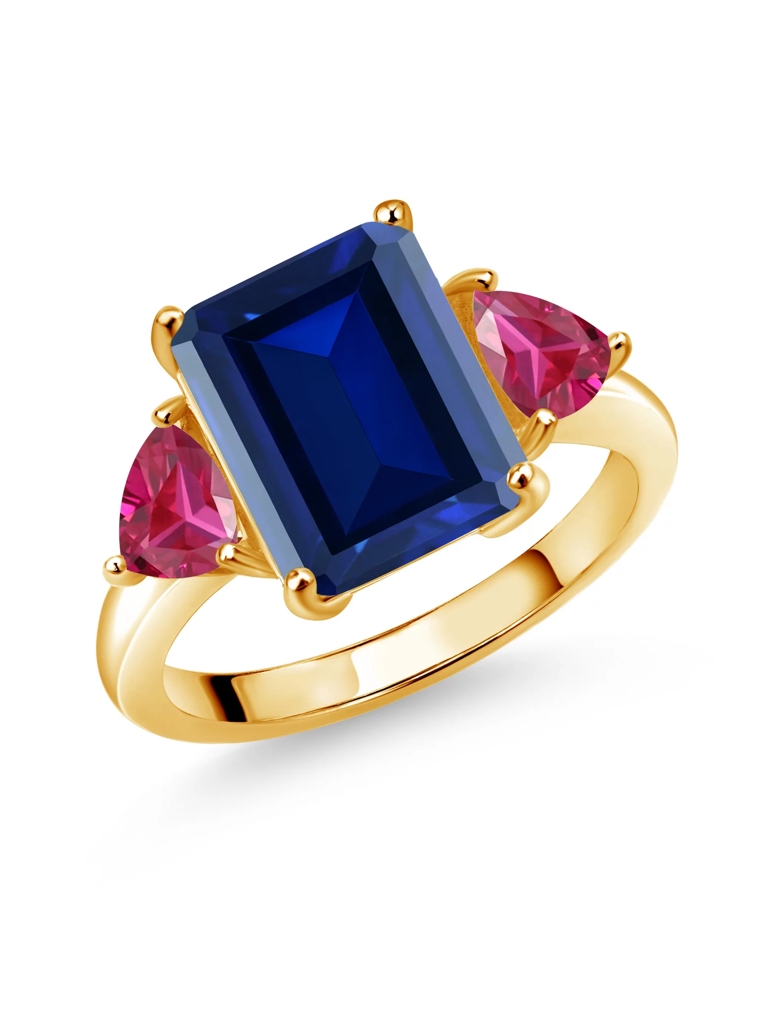 Gem Stone King 18K Yellow Gold Plated Silver Simulated Sapphire and Created Ruby 3 Stone Ring For Women (7.56 Cttw, Octagon 12X10MM, Trillion 5X5MM, Gemstone September Birthstone, Size 9)
