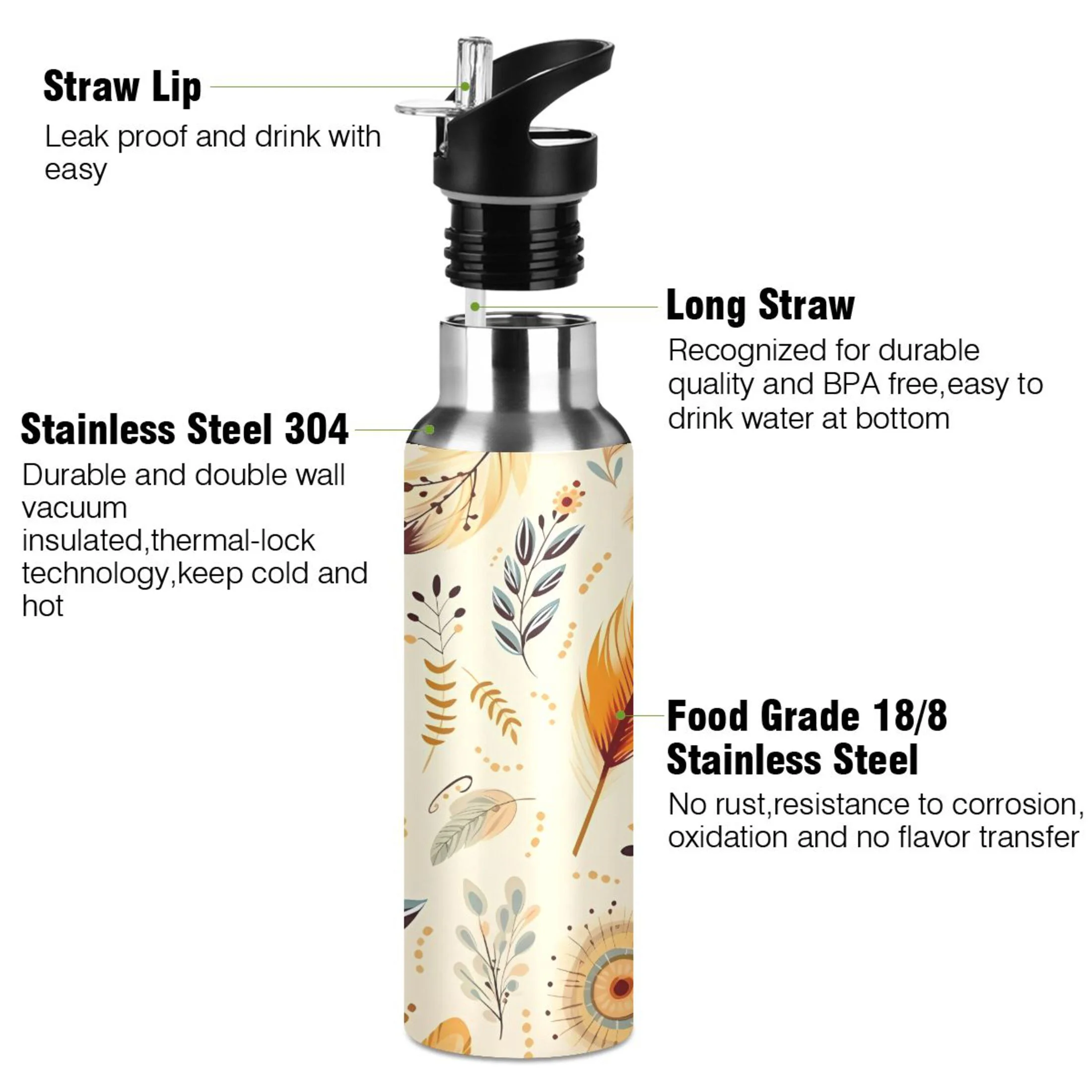 Water Bottle with Straw Lid Leak Feather with Leaves Stainless Steel Insulated Thermos Vacuum Flask for Cold Hot Drinking for Sports Camping Gym Yoga