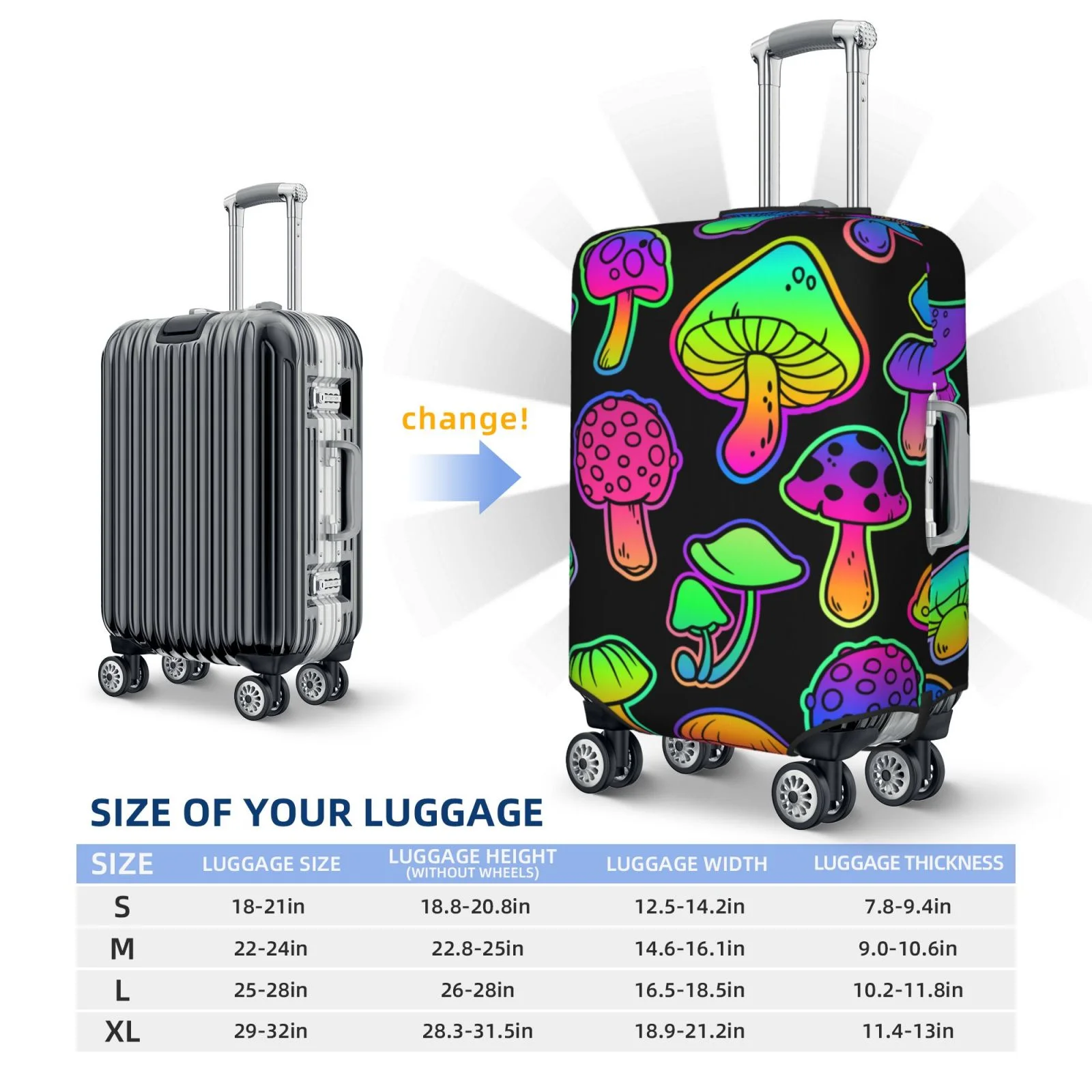 Easygdp Bright Mushrooms Print Elastic and Washable Suitcase Protective Cover with Hidden Zipper Fits 18-32 inch Luggage -Small