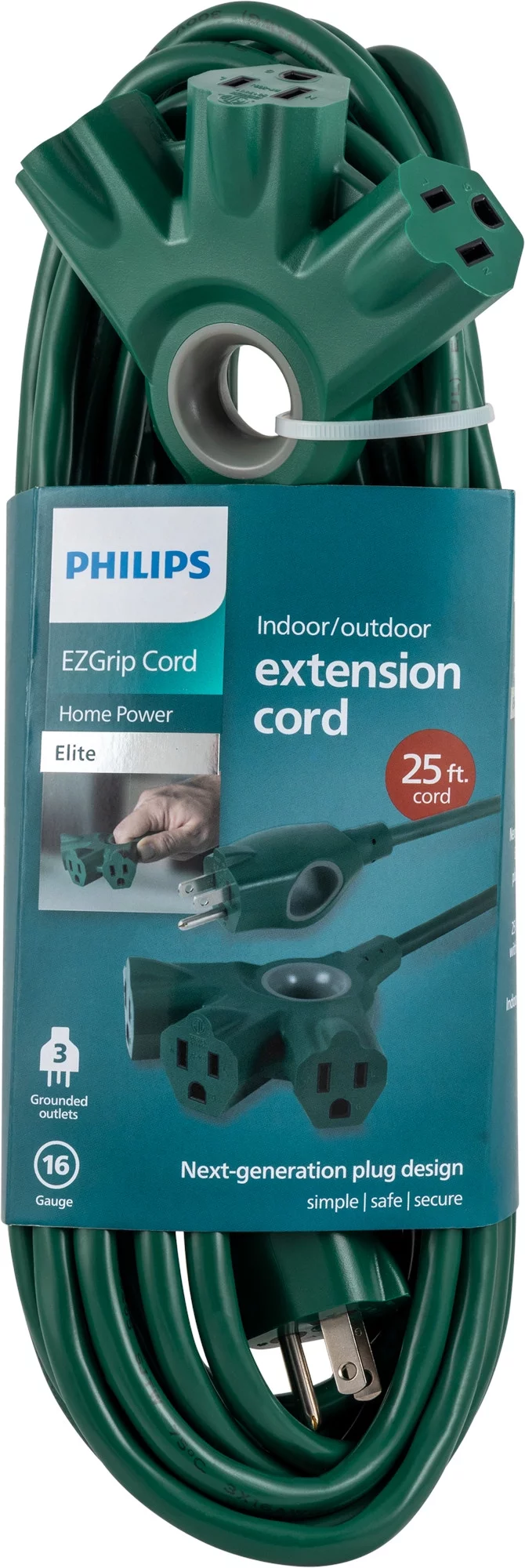 Philips EZGrip 25FT 16AWG 3-Outlet Extension Cord, Green Indoor/Outdoor, 15A