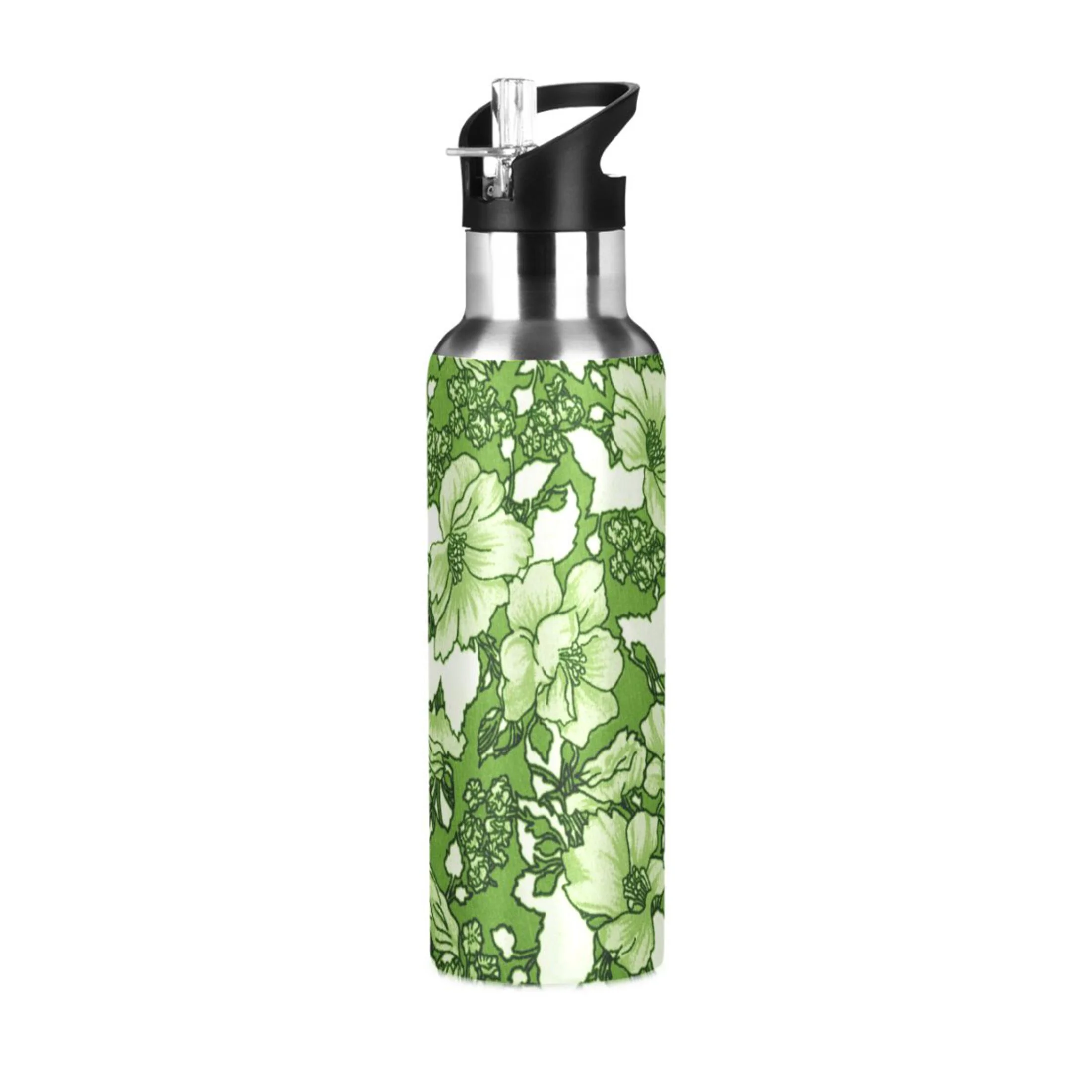 Water Bottle with Straw Lid Leak Flowers in Green Leaves Stainless Steel Insulated Thermos Vacuum Flask for Cold Hot Drinking for Sports Camping Gym Yoga