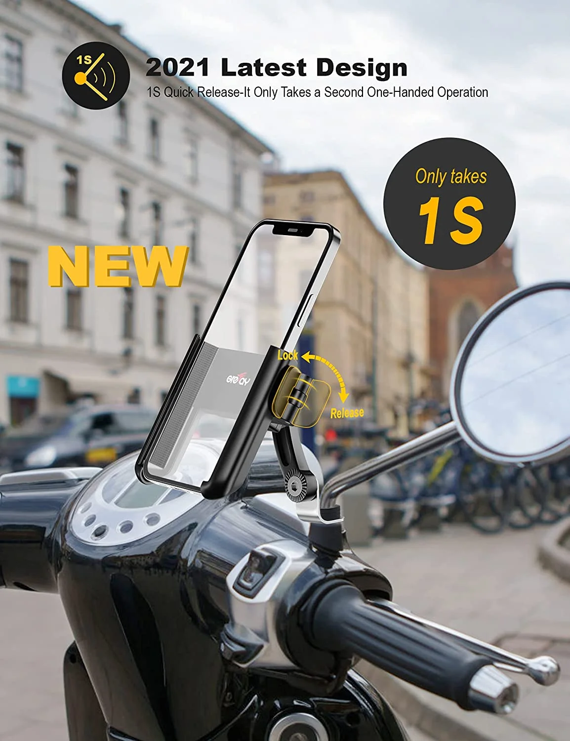 Motorcycle Phone Mount, 1S Quick Release Anti Shake Motorbike Phone Holder for 3.5-7.0 Inch Smartphone