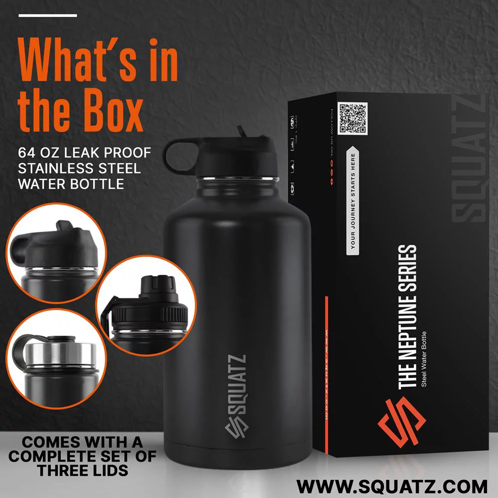 Squatz 64 Oz Neptune Series Steel Water Bottle, Stainless Double Wall Vacuum Insulated Flask